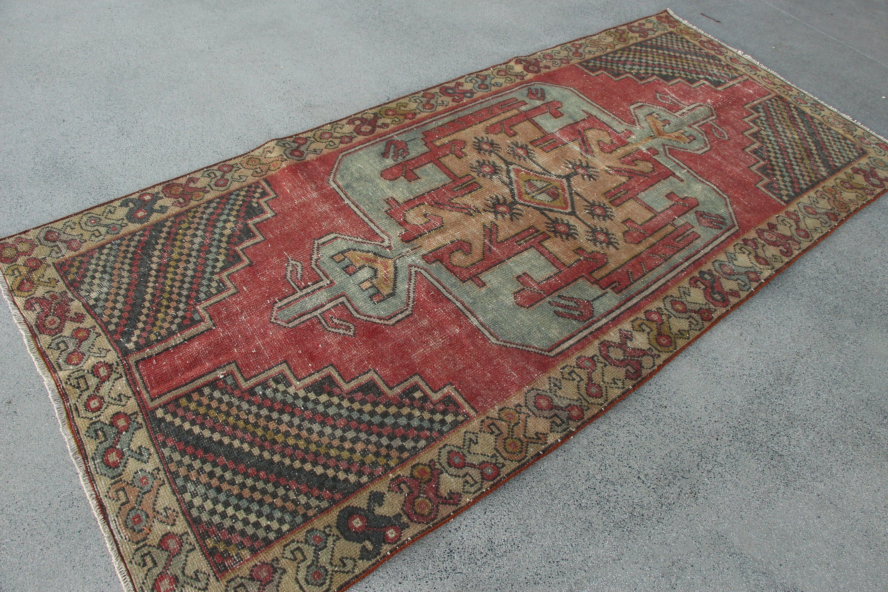 Oryantal Halı, Vintage Halı, Yemek Odası Halıları, Türk Halısı, Yer Halıları, Kırmızı Yün Halı, 3.8x8.5 ft Alan Halısı, Yemek Odası Halıları, Mutfak Halısı