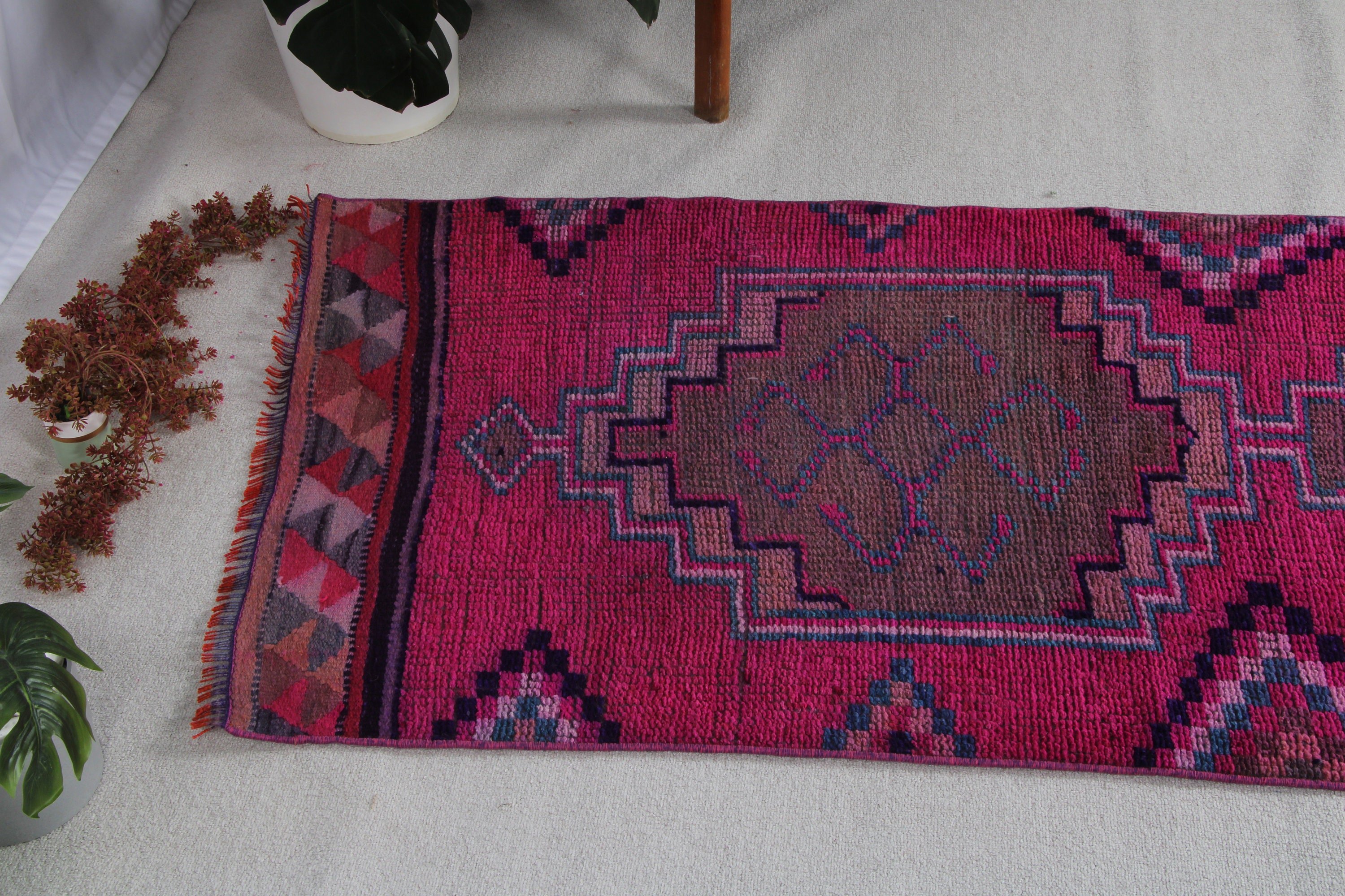 Mor Oryantal Halı, 2.9x12.8 ft Runner Halıları, Geometrik Halılar, Oushak Halısı, Türk Halısı, Mutfak Halıları, Beni Ourain Runner Halısı, Vintage Halılar