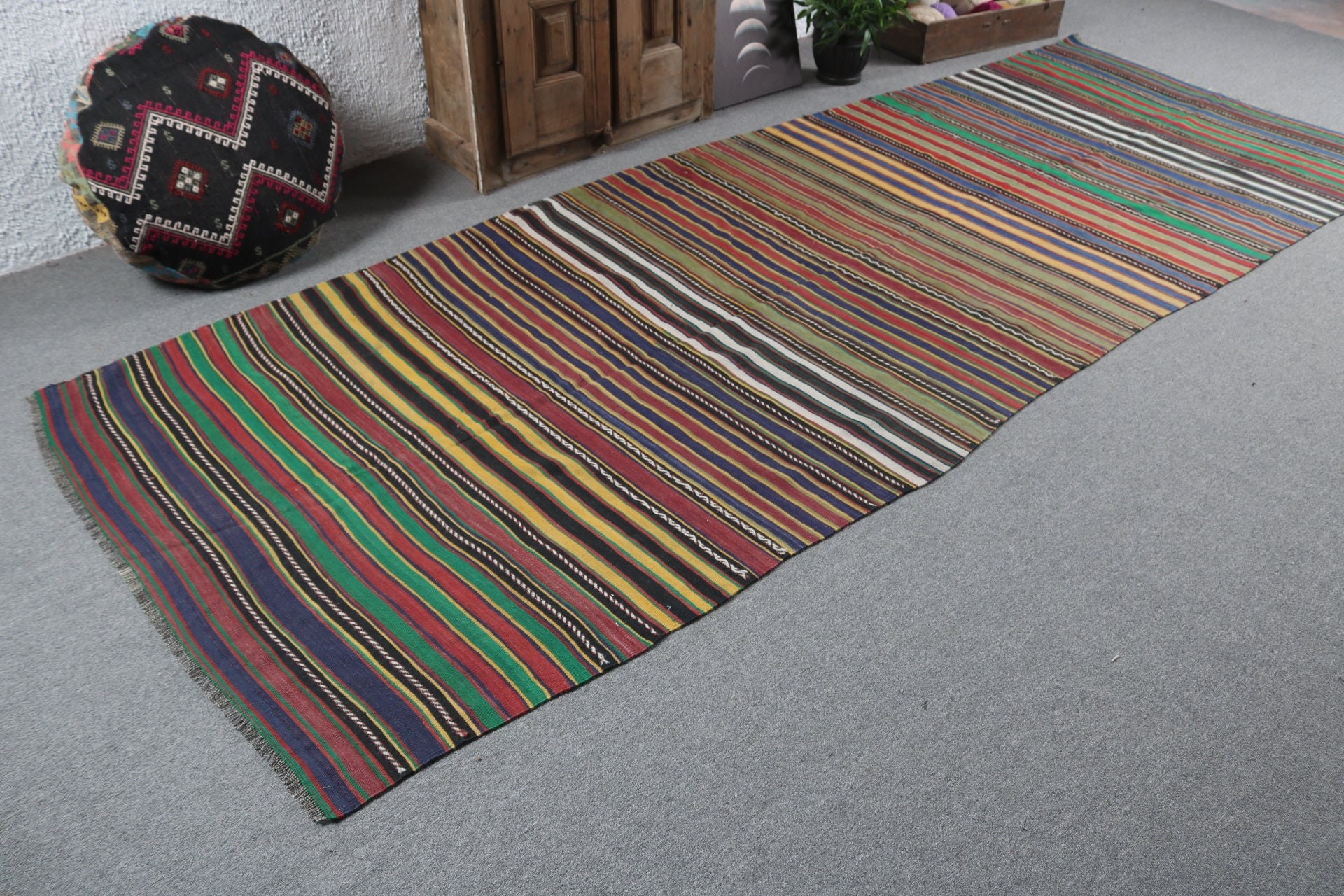 Açıklama Halısı, 4.4x12.1 ft Runner Halıları, Yün Halıları, Yeşil Boho Halıları, Türk Halıları, Uzun Yolluk Halıları, Kilim, Vintage Halı, Vintage Runner Halıları