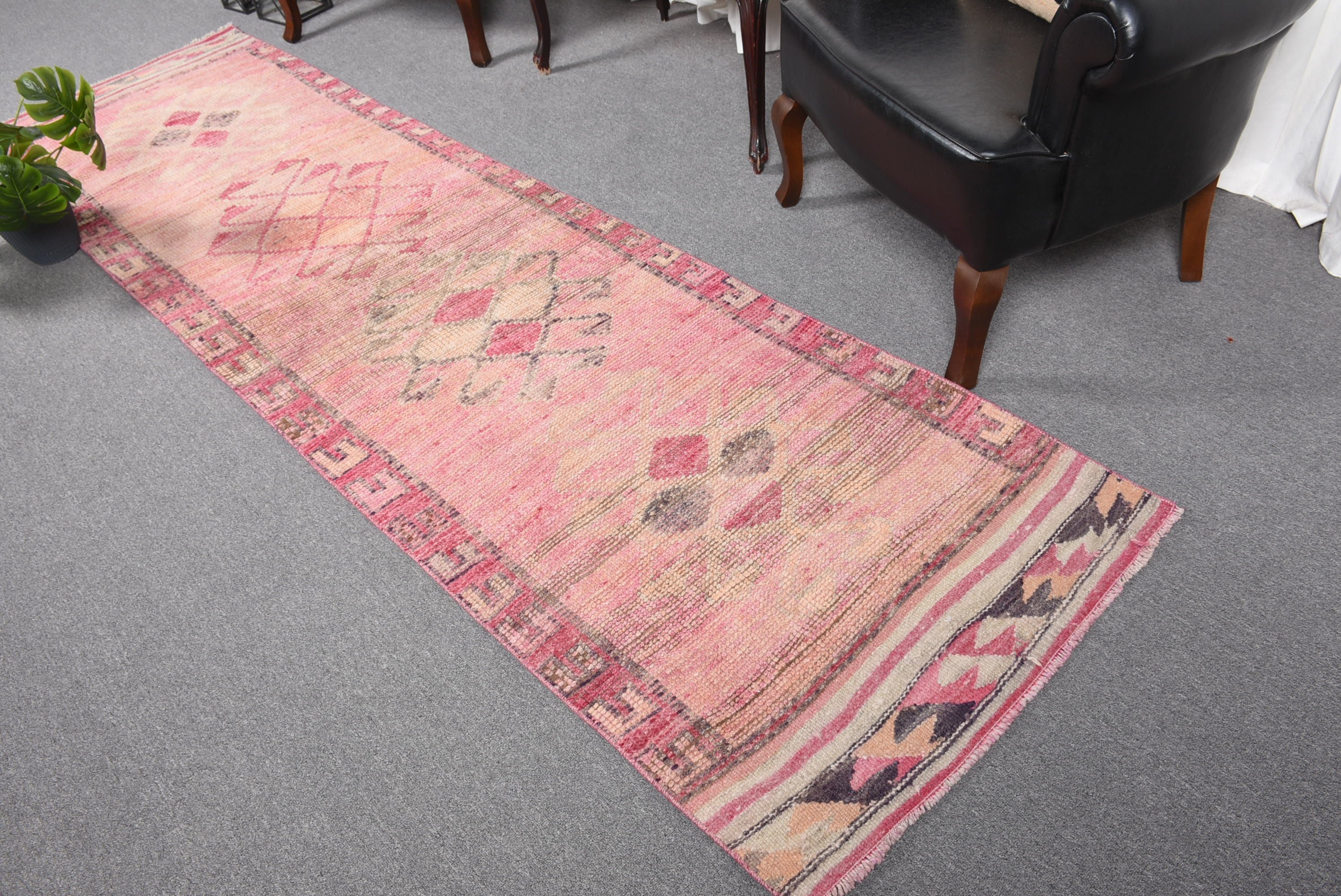 Havalı Halı, Pembe Oushak Halı, Vintage Halı, 2.8x10.1 ft Runner Halıları, Türk Halısı, Runner Halıları, Koridor Halısı, Yün Halıları, Mutfak Halısı