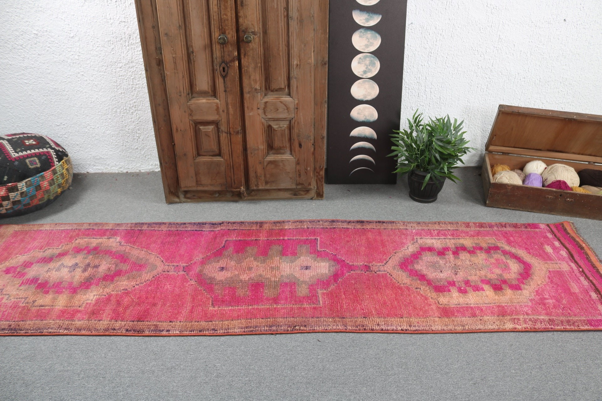 Beni Ourain Koşucu Halısı, Merdiven Halısı, Vintage Halı, Pembe Nötr Halılar, 2.6x9.9 ft Koşucu Halıları, Oryantal Halılar, Türk Halısı, Düz Dokuma Halı