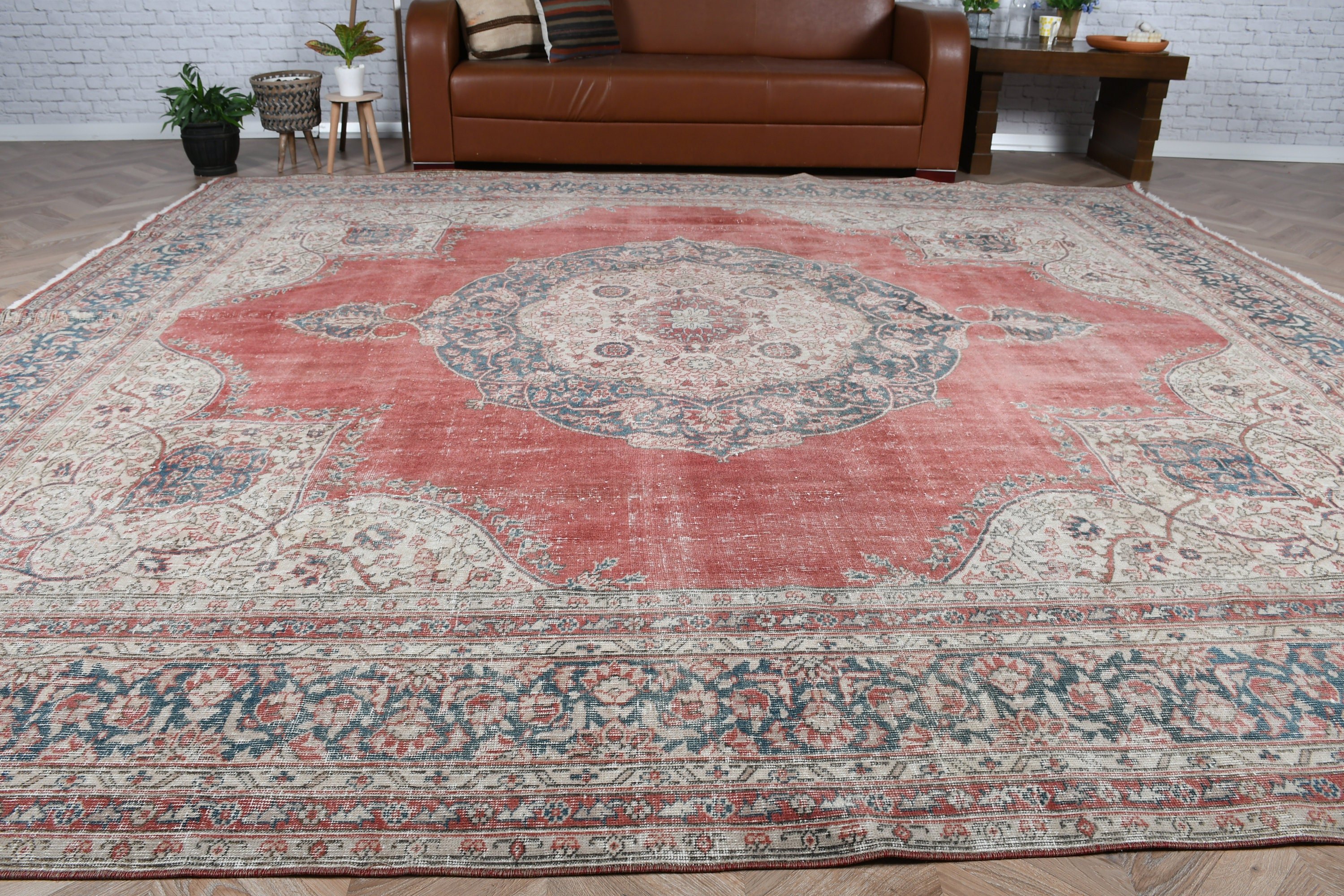 Wool Rugs, Dining Room Rugs, Red  10.2x11.2 ft Oversize Rug, Saloon Rug, Turkish Rug, Handwoven Rugs, Vintage Rugs, Oushak Rug