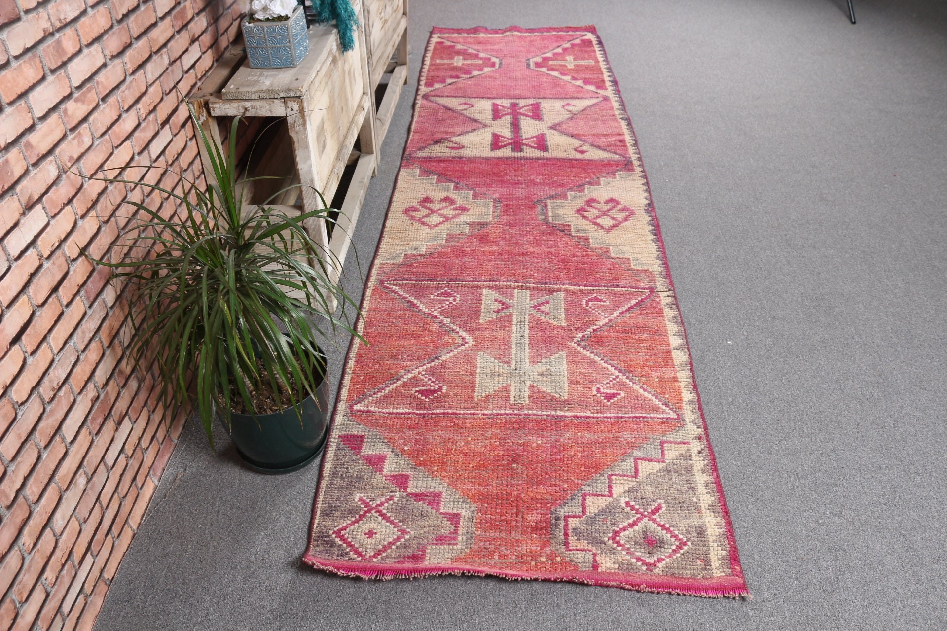 Vintage Halılar, 2,7x10,1 ft Yolluk Halısı, Pembe Oushak Halısı, Organik Halı, Fas Halısı, Türk Halıları, Koridor Halıları, Merdiven Halısı, Oushak Halısı