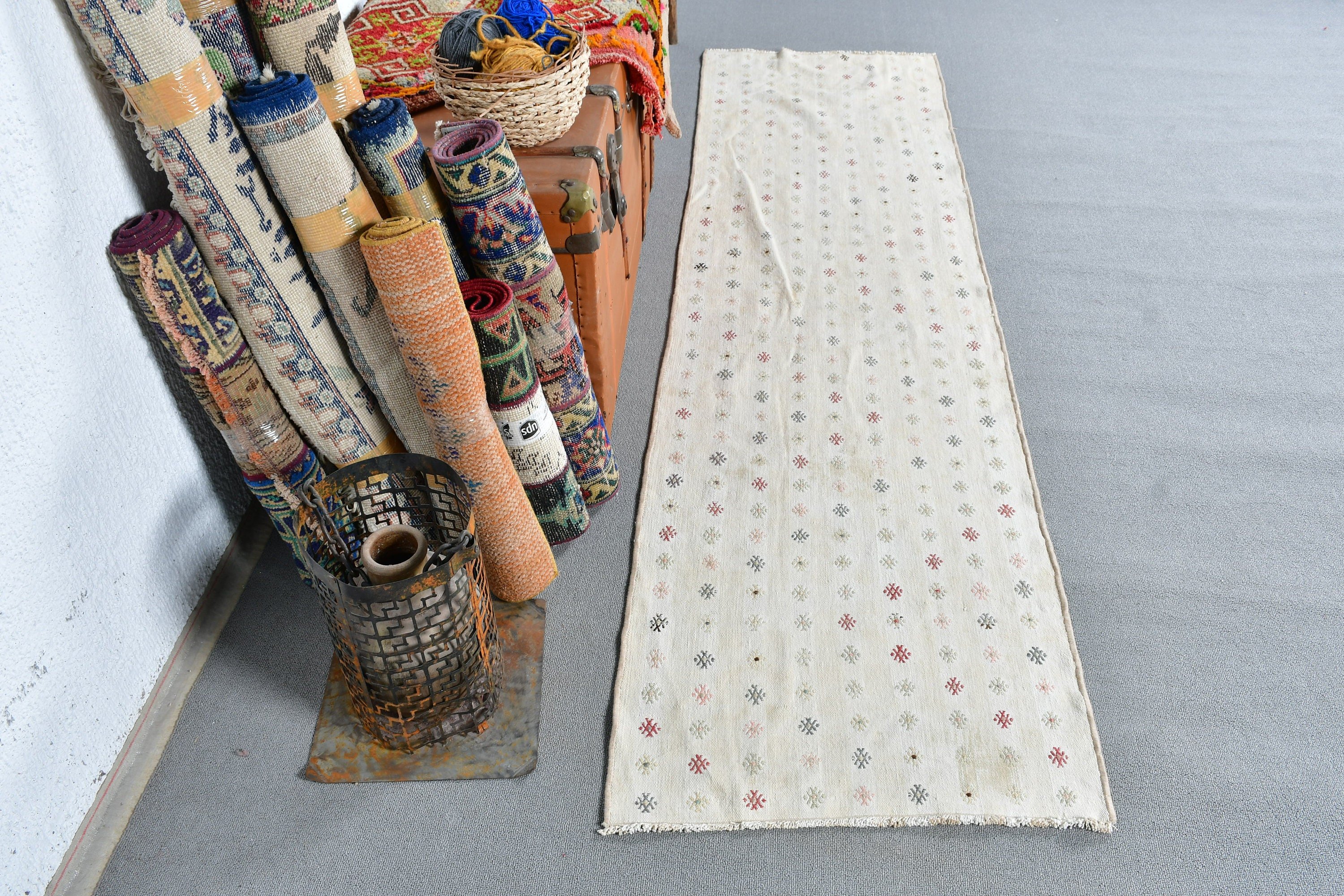 Turkish Rugs, Kitchen Rug, Outdoor Rug, White Oriental Rug, Vintage Rugs, Boho Rug, Rugs for Hallway, 2.1x7.6 ft Runner Rug, Cool Rug