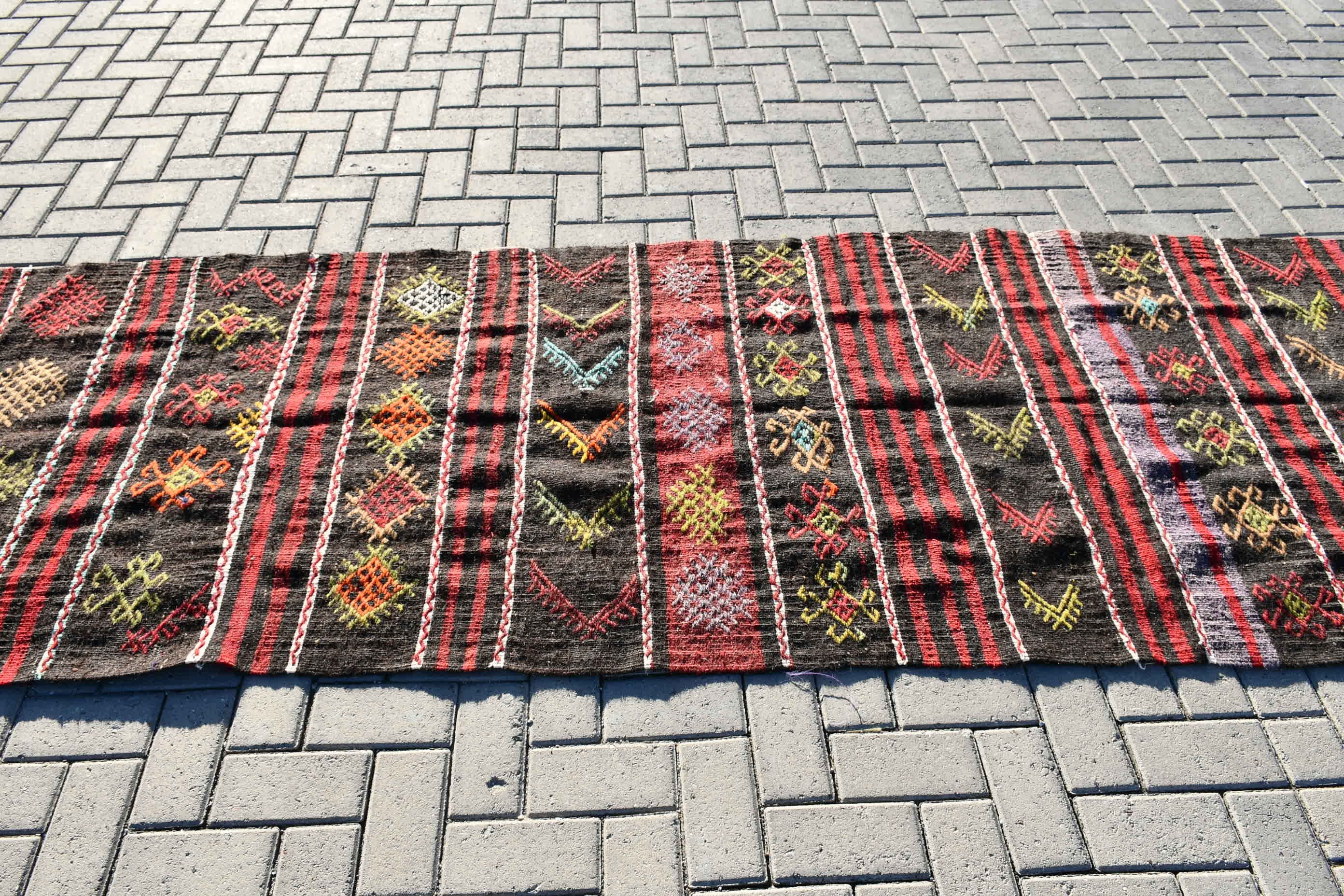 3.3x10.8 ft Runner Rugs, Vintage Rug, Corridor Rug, Floor Rug, Rugs for Runner, Black Wool Rugs, Oushak Rug, Turkish Rug, Stair Rug, Kilim