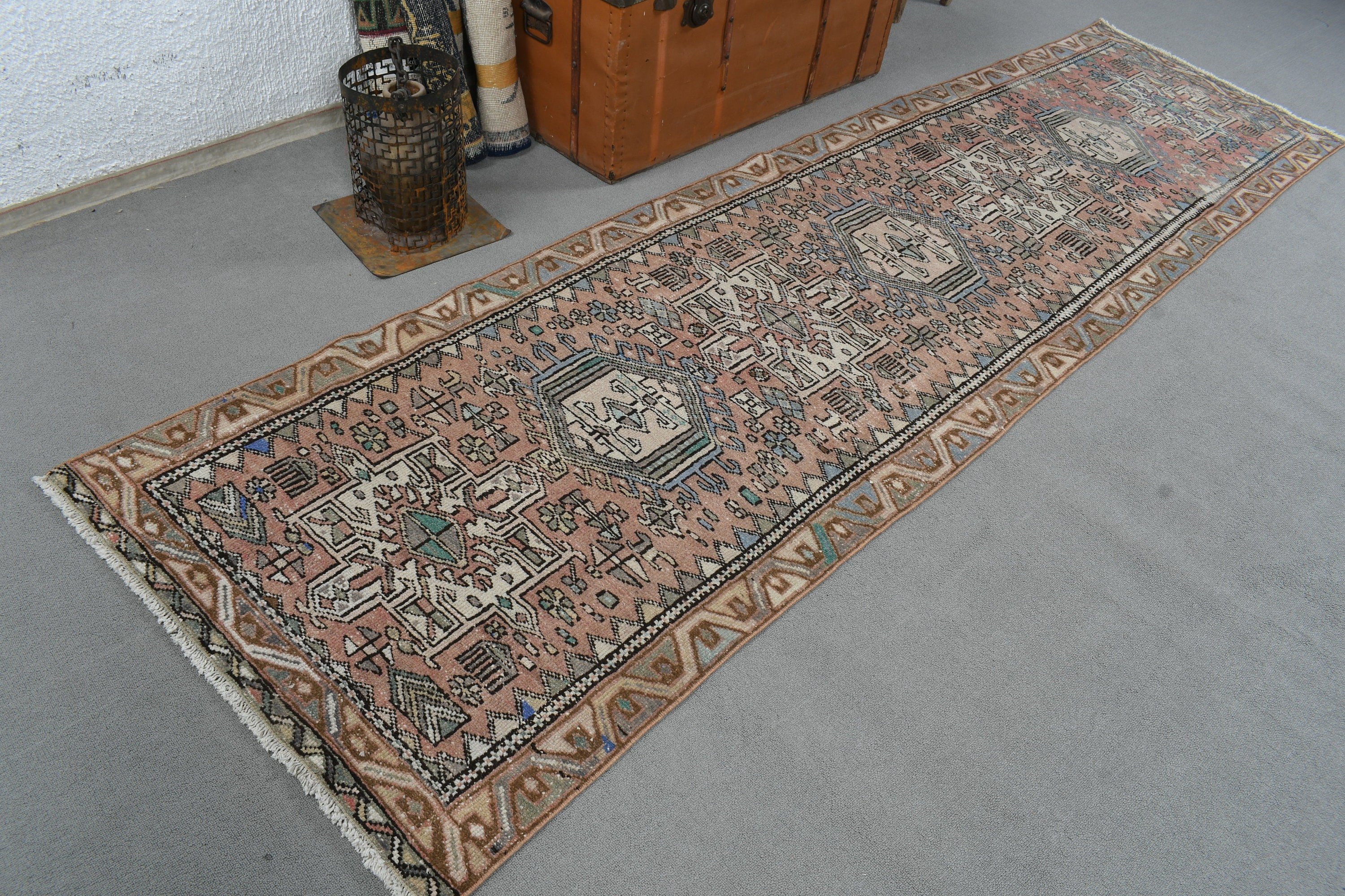 Türk Halısı, Boho Halıları, 2.8x10.5 ft Runner Halısı, Koridor Halıları, Açıklama Halısı, Turuncu Geometrik Halılar, Vintage Halılar, Vintage Runner Halısı