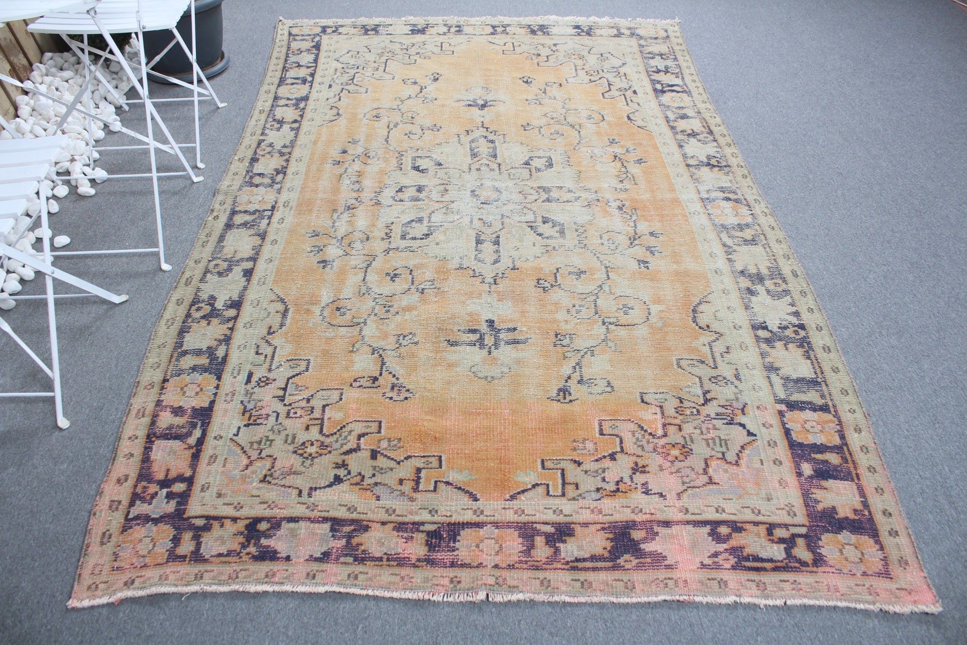 Vintage Halılar, Yün Halı, 5,5x8,8 ft Büyük Halı, Turuncu Yün Halılar, Yemek Odası Halıları, Oushak Halı, Yatak Odası Halıları, Türk Halıları, Salon Halısı