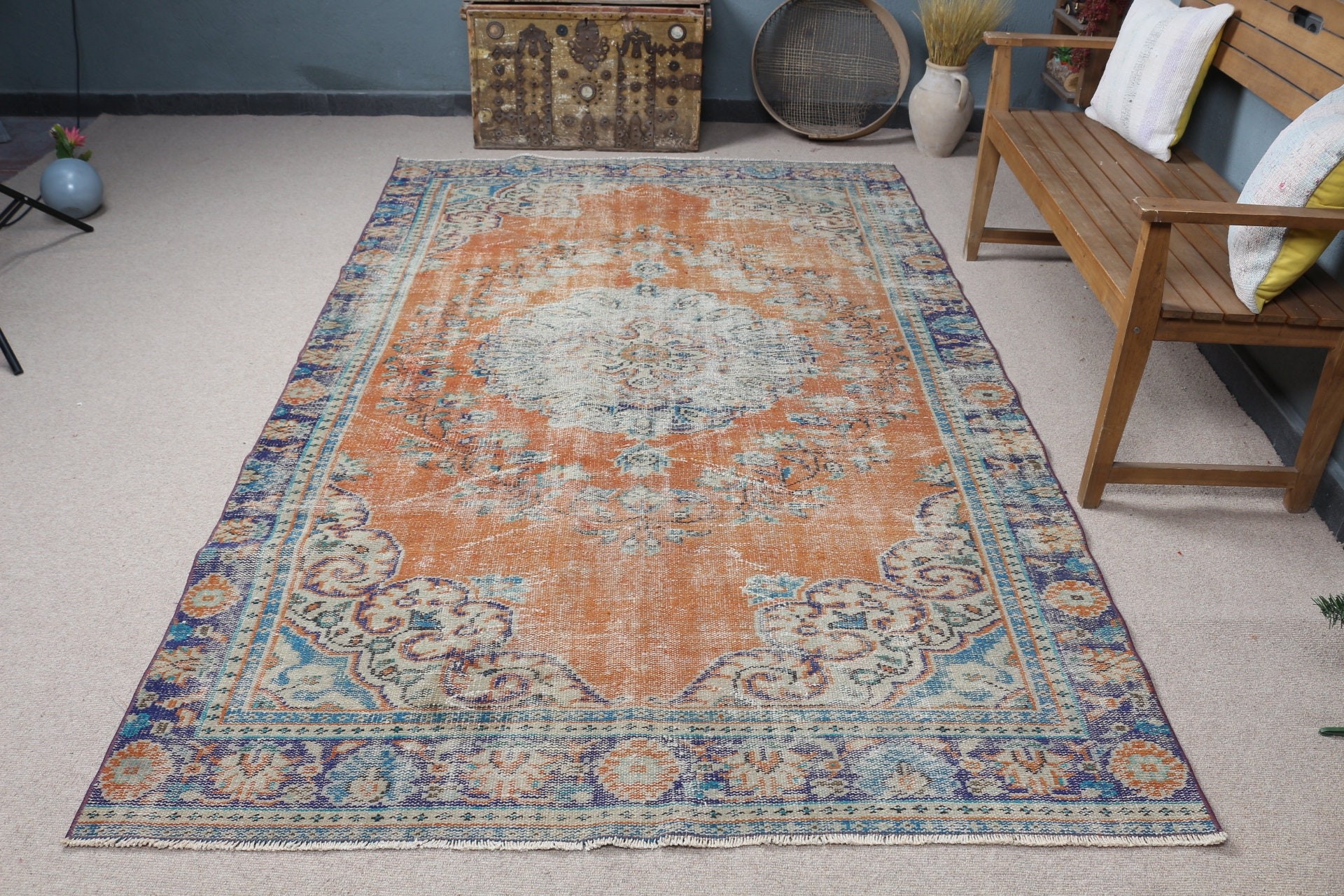 Orange Home Decor Rug, Living Room Rug, Dining Room Rugs, Vintage Rugs, Bedroom Rug, Turkish Rugs, Kitchen Rug, 5.4x9.2 ft Large Rugs