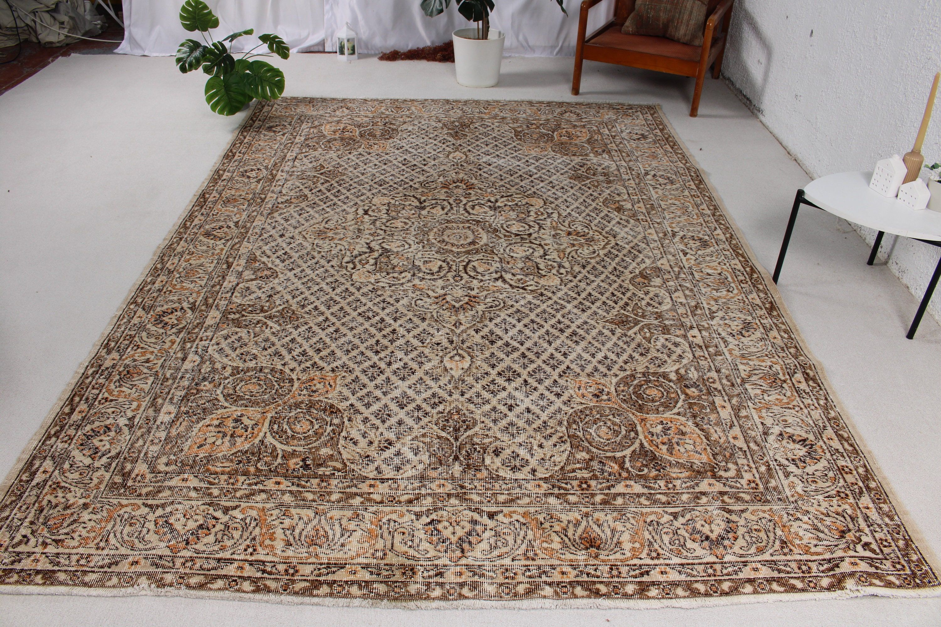 Vintage Halı, El Dokuma Halılar, 6.9x9.6 ft Büyük Halı, Bej Lüks Halı, Oryantal Halılar, Aztek Halıları, Yemek Odası Halısı, Salon Halısı, Türk Halıları