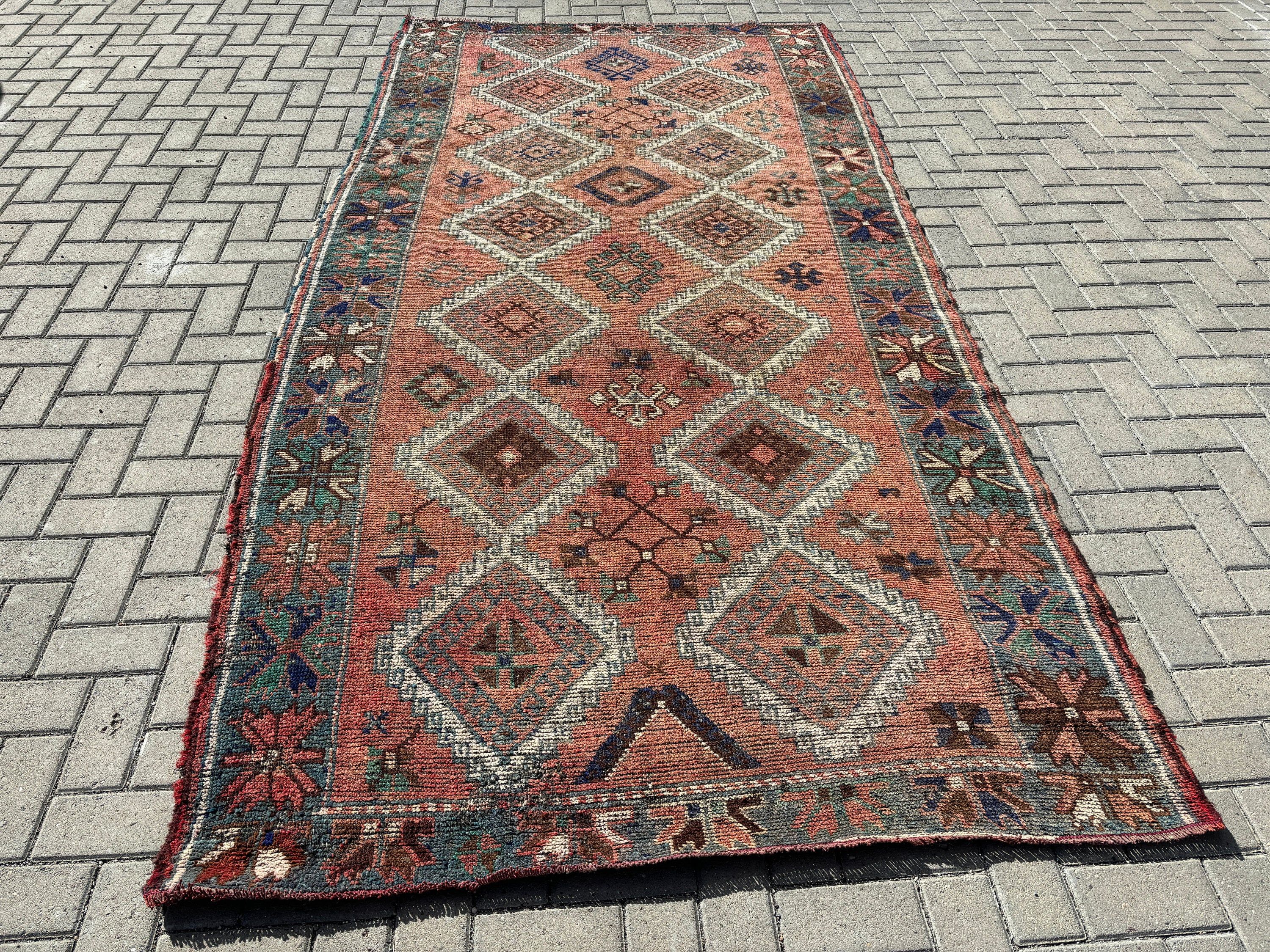 Boho Halıları, Türk Halısı, Oturma Odası Halıları, Oryantal Halılar, Turuncu Geometrik Halı, Büyük Oushak Halısı, Vintage Halılar, 5,2x10,6 ft Büyük Halı