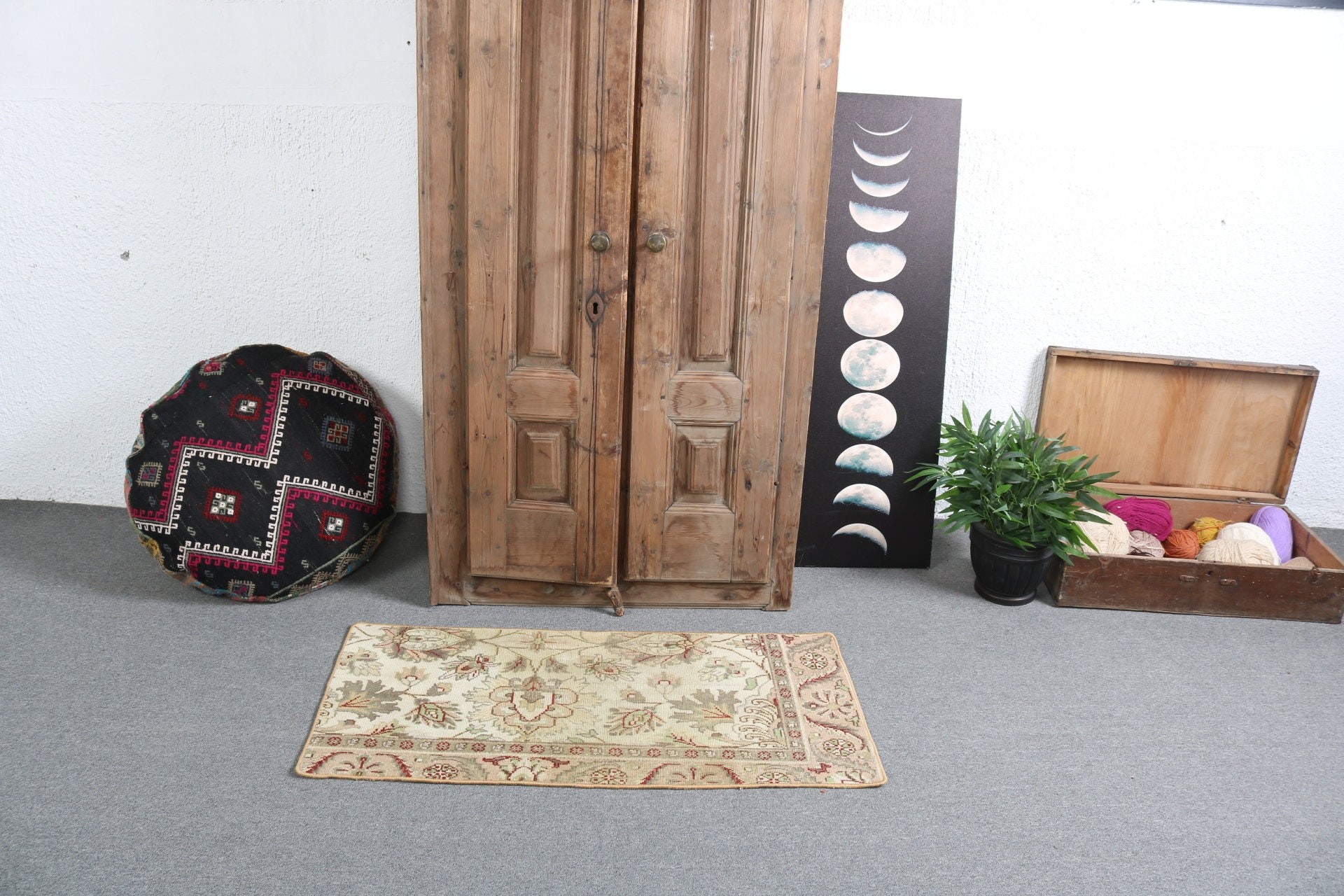 Boho Halılar, 1.8x3.7 ft Küçük Halı, Paspas Halıları, Türk Halısı, Organik Halı, Vintage Halılar, Yatak Odası Halısı, Bej Geometrik Halılar, Düz Dokuma Halılar