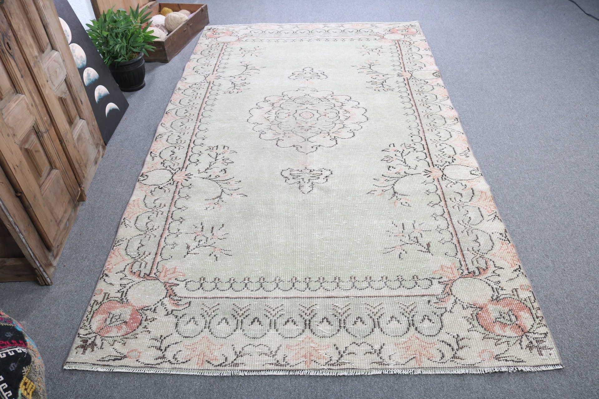 Büyük Oushak Halıları, Dekoratif Halı, Vintage Halılar, 5x9,1 ft Büyük Halı, Antika Halılar, Türk Halıları, Yatak Odası Halıları, Yeşil Boho Halı, Modern Halı