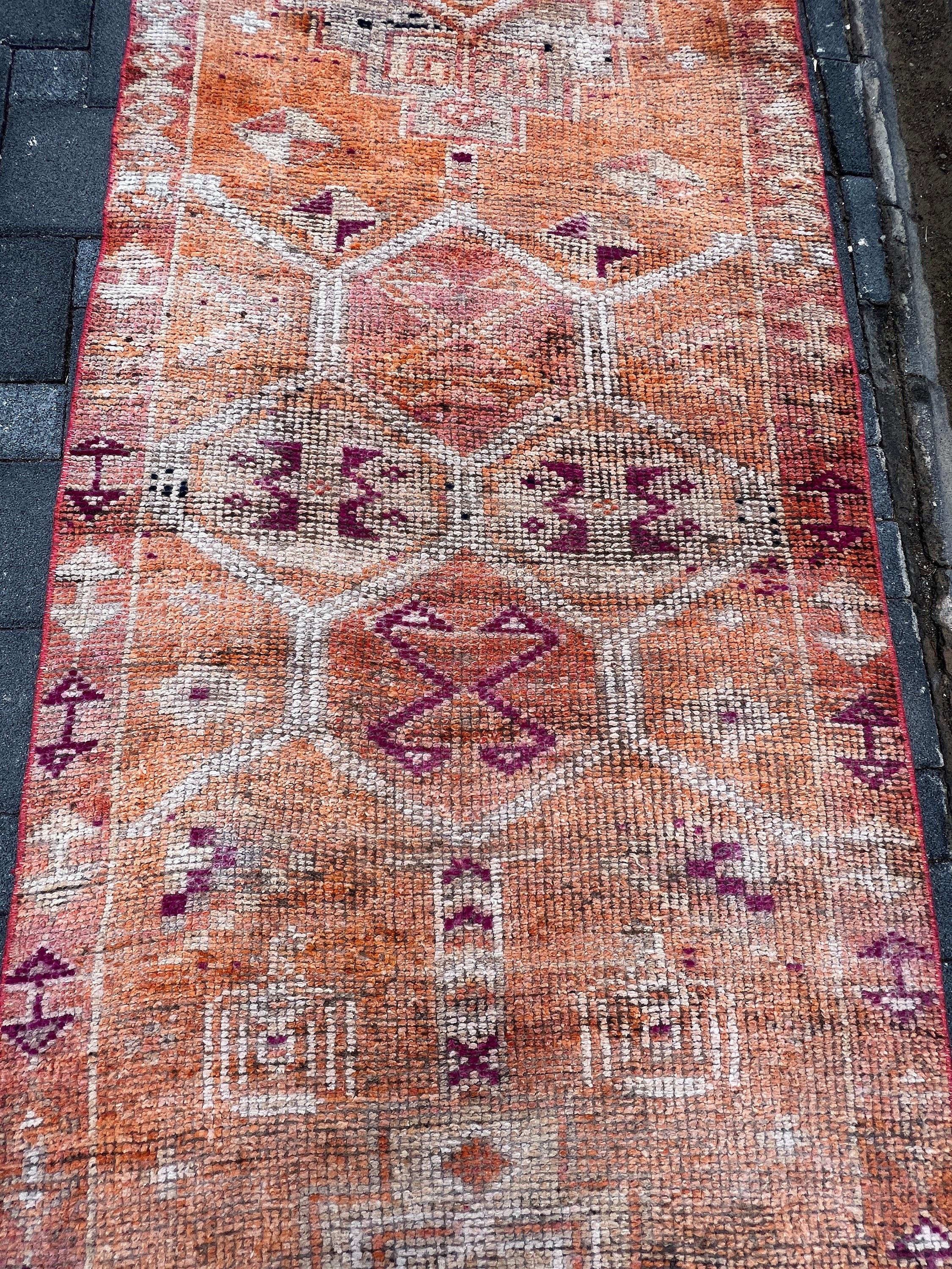 Vintage Rugs, Pale Rugs, Hallway Rug, Stair Rug, 3.1x11.7 ft Runner Rug, Turkish Rug, Moroccan Rugs, Orange Anatolian Rugs