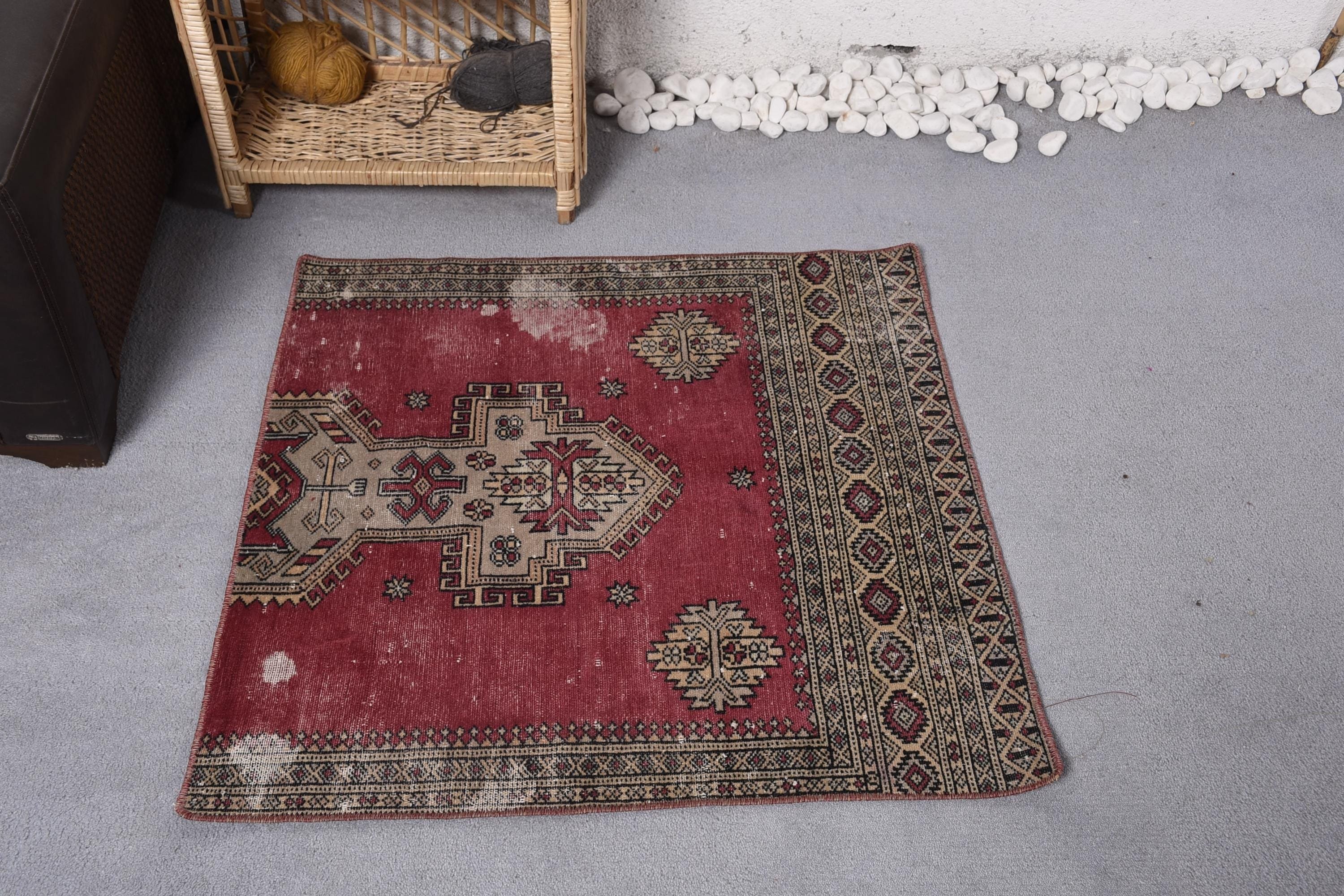 Oushak Halısı, Türk Halıları, 2.9x2.9 ft Küçük Halı, Vintage Halı, Yün Banyo Paspas Halısı, Kırmızı Düz ​​Dokuma Halılar, Giriş Halısı, Kapı Paspas Halısı, Nötr Halı