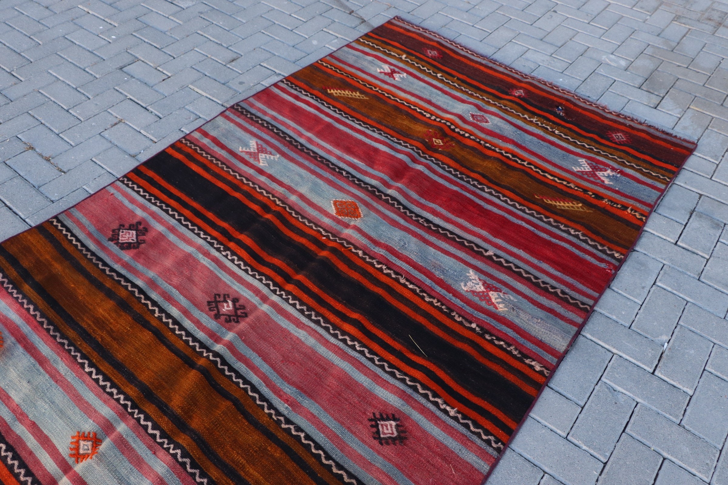 Sessiz Halı, Yatak Odası Halısı, Yemek Odası Halısı, Kilim, Oryantal Halı, Soğuk Halı, Turuncu Yün Halılar, 4,8x11,1 ft Büyük Halılar, Türk Halıları, Vintage Halı