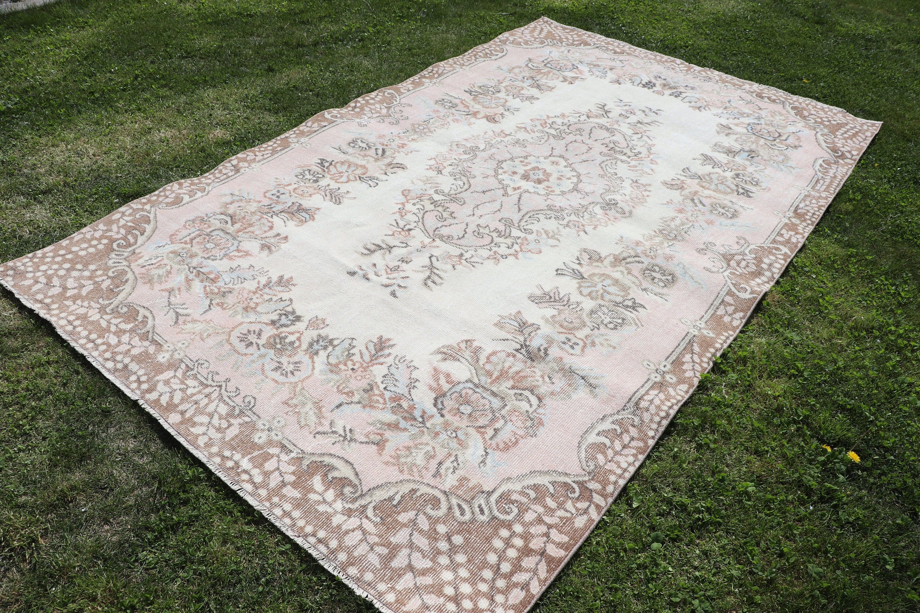 Vintage Halı, Bej Oryantal Halı, 5.7x7.5 ft Büyük Halı, Yemek Odası Halısı, Türk Halıları, Geometrik Halılar, Oturma Odası Halısı, Yer Halısı, Boho Halıları