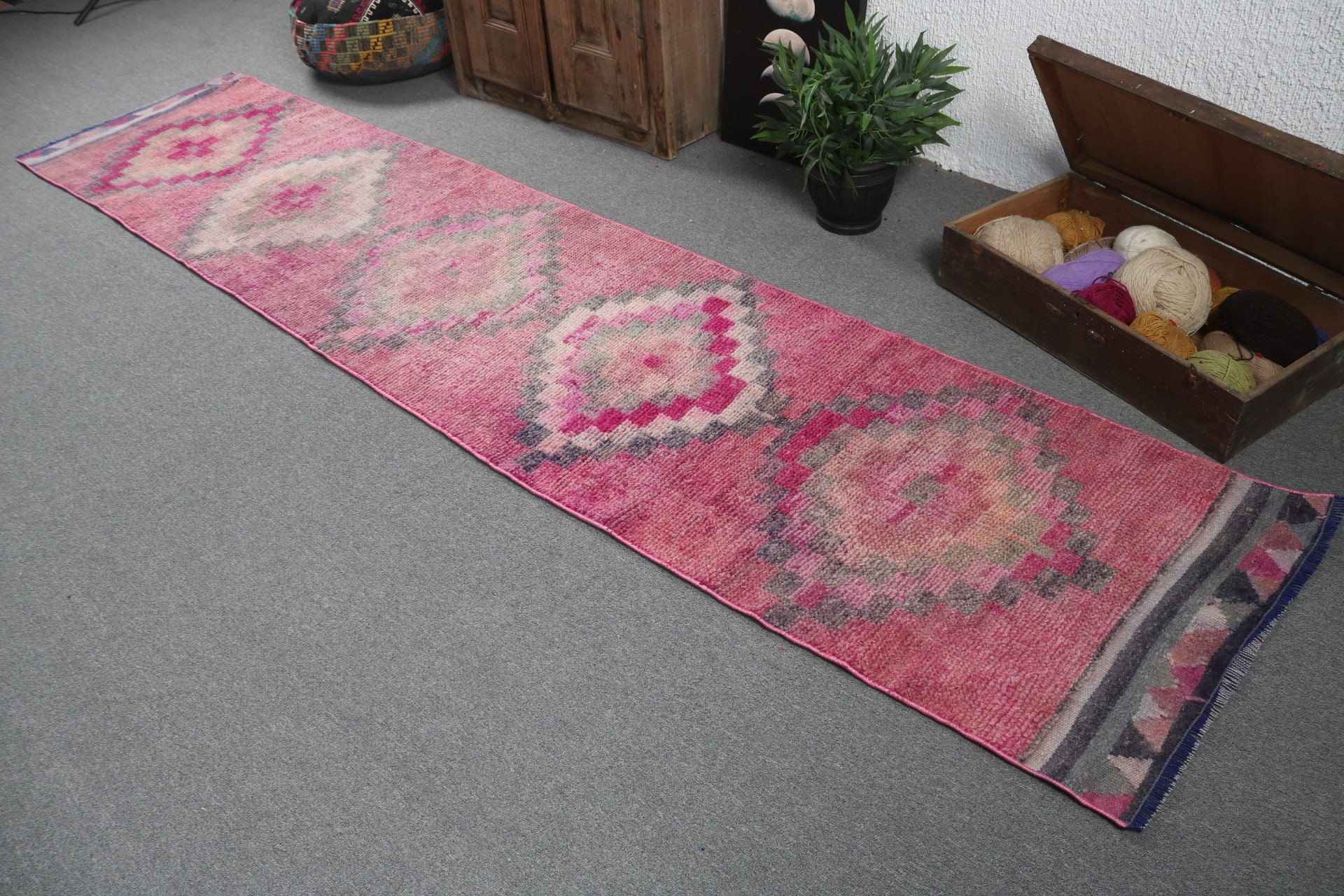 Lüks Halı, Merdiven Halısı, Türk Halıları, 2.5x11.5 ft Runner Halısı, Vintage Halı, Pembe Oushak Halısı, Düz Dokuma Halısı, Koridor Halıları, Ev Dekorasyonu Halısı