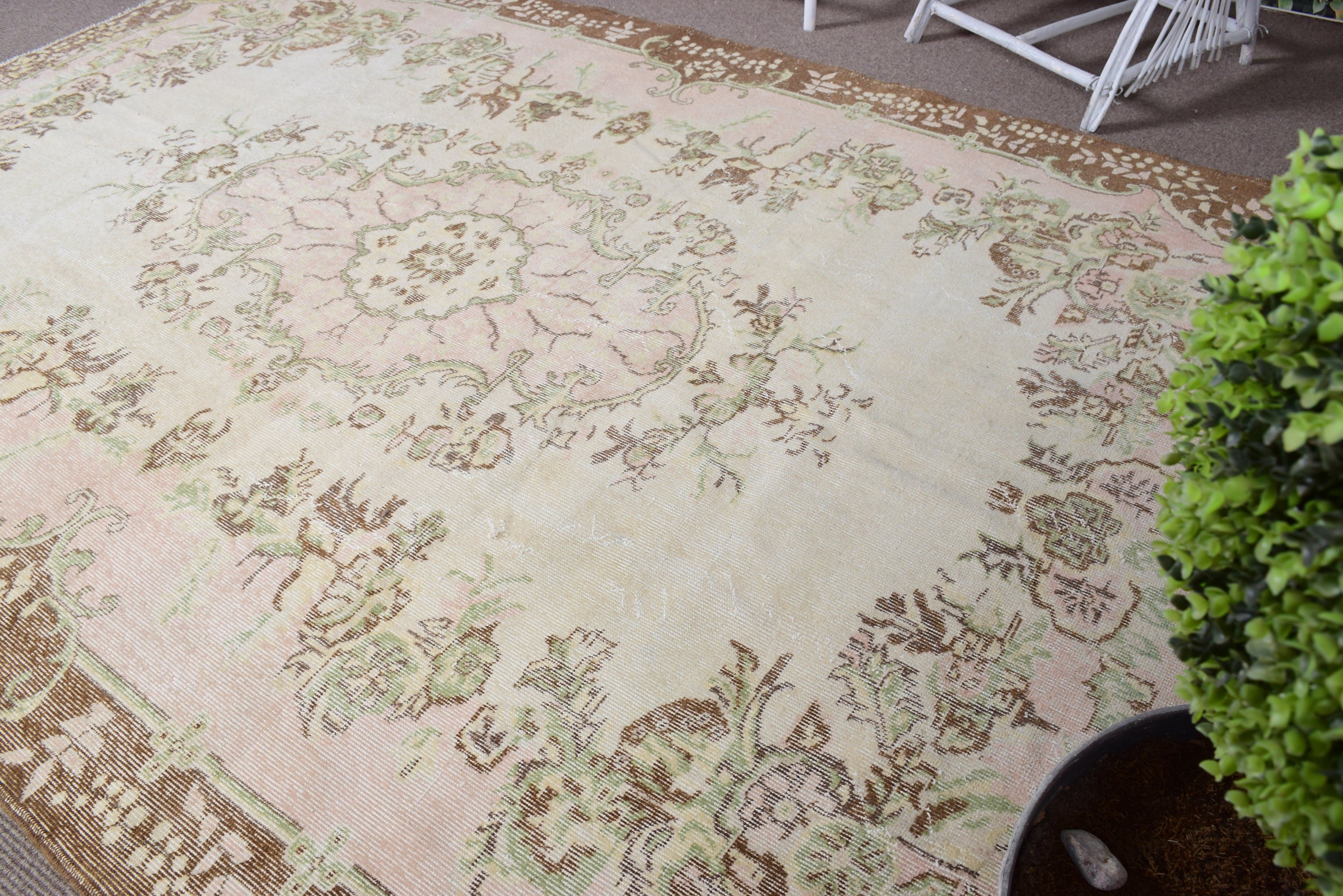 Turkish Rug, Beige Oushak Rug, Vintage Rug, 6.9x10.2 ft Oversize Rug, Living Room Rugs, Saloon Rug, Floor Rug, Bedroom Rugs