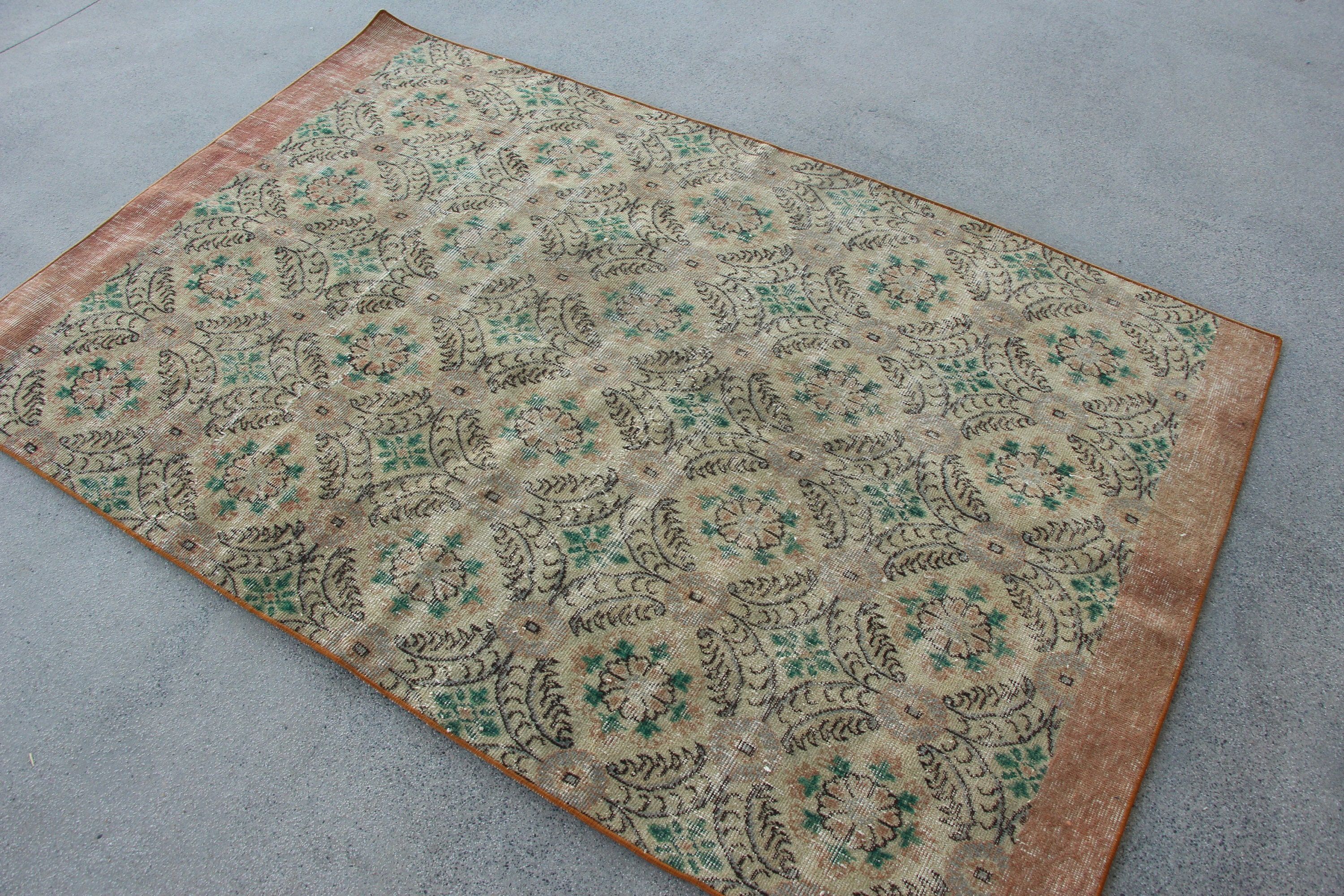 Türk Halıları, 4.3x6.6 ft Alan Halısı, Yeşil Oushak Halısı, İç Mekan Halıları, Fas Halısı, Vintage Halı, Mutfak Halıları, Türk Alan Halısı Halıları