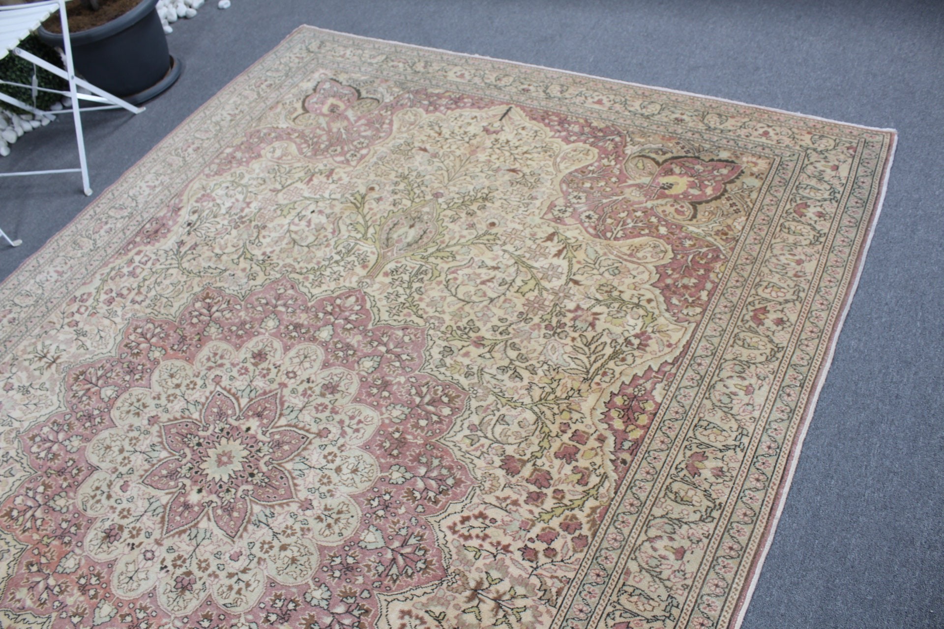 Büyük Vintage Halı, Mutfak Halıları, Bej El Dokuma Halılar, Vintage Halı, 6.6x9.7 ft Büyük Halılar, Türk Halısı, Geometrik Halılar, Büyük Boho Halılar