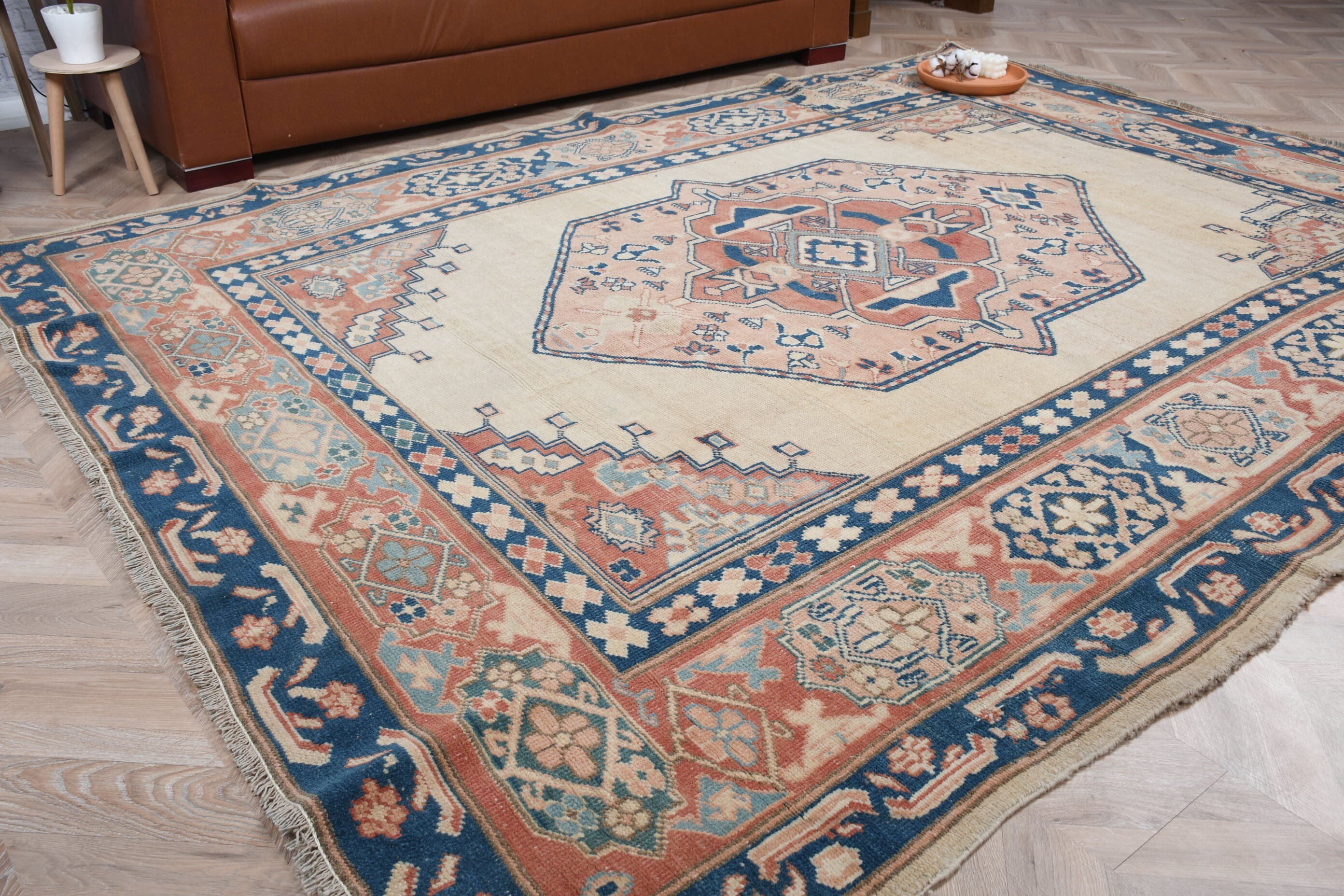 Türk Halıları, Oushak Halısı, Salon Halısı, Bej Anadolu Halıları, Düz Dokuma Halıları, Yatak Odası Halısı, Vintage Halı, 6,9x9,2 ft Büyük Halı