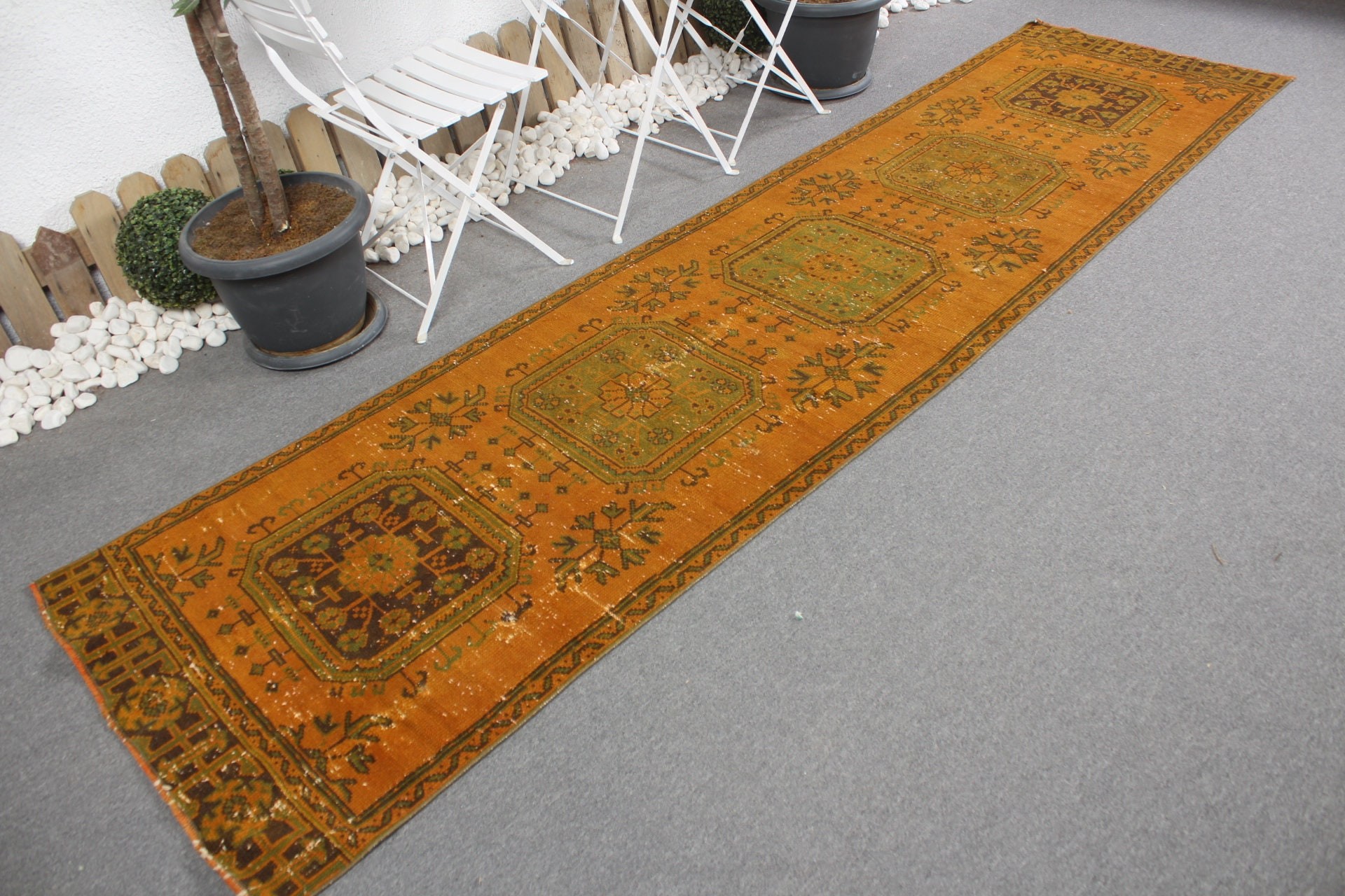 Türk Halıları, Vintage Halı, Turuncu 2.9x11.1 ft Runner Halısı, Aztek Halısı, Koridor Halısı, Merdiven Halıları, Yer Halısı, Ev Dekor Halısı