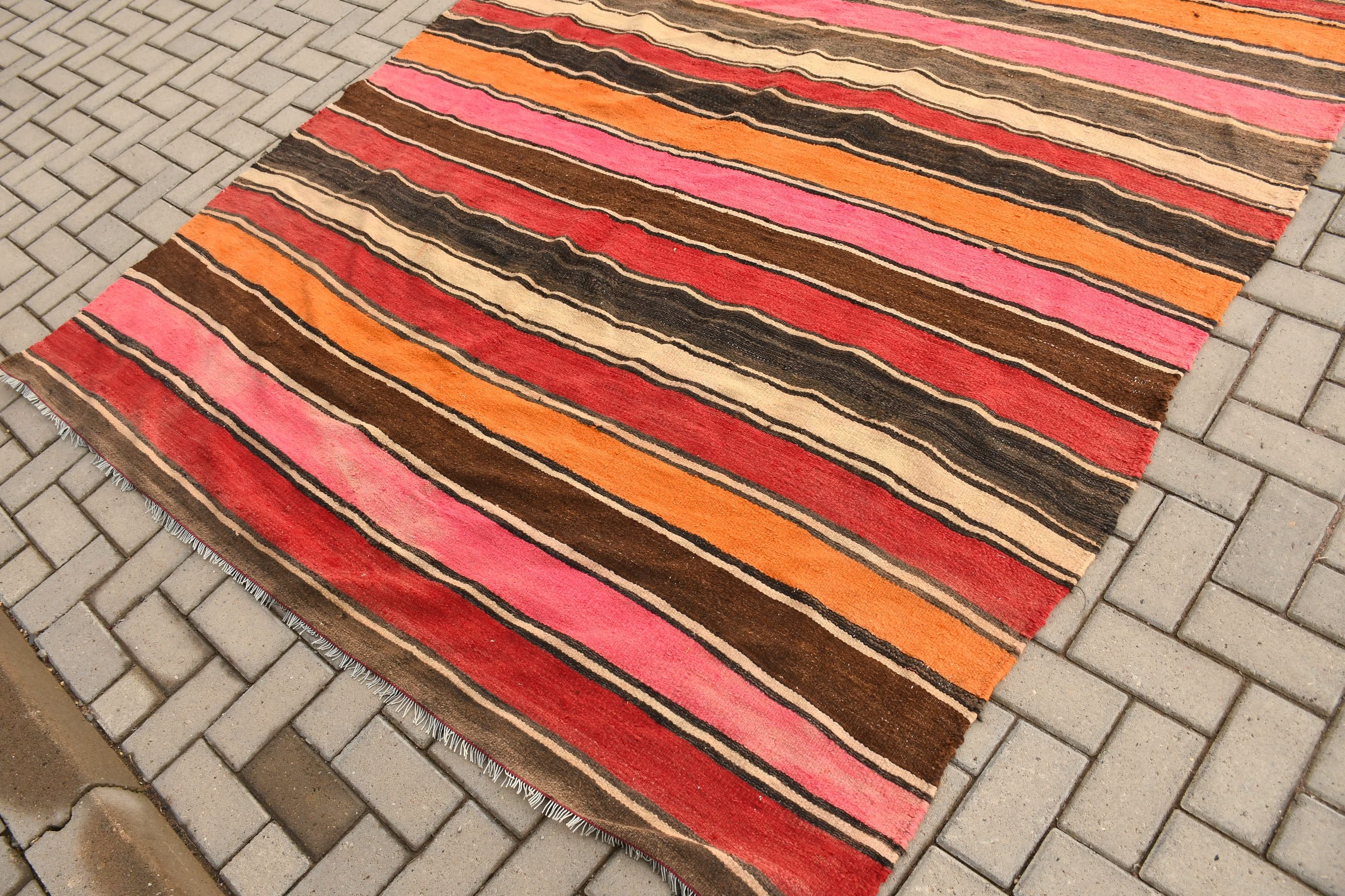 Wool Rugs, Salon Rug, Kilim, Cool Rug, Turkish Rug, Pink Cool Rug, Abstract Rug, Dining Room Rug, Vintage Rug, 6.7x13.1 ft Oversize Rugs