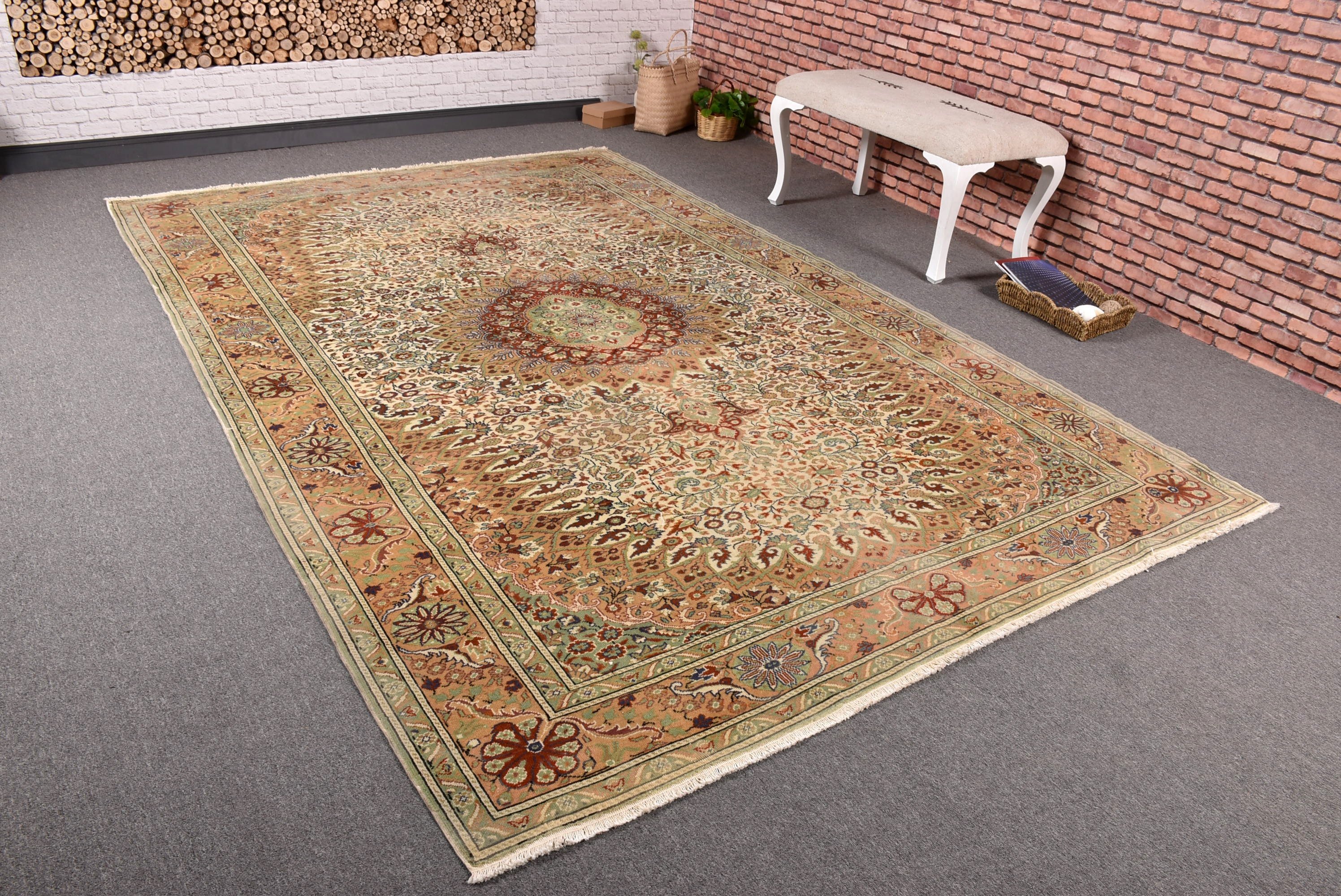 Büyük Vintage Halılar, Oturma Odası Halıları, Vintage Halı, Harika Halılar, 6.4x9.6 ft Büyük Halılar, Yeşil Oryantal Halılar, Türk Halıları