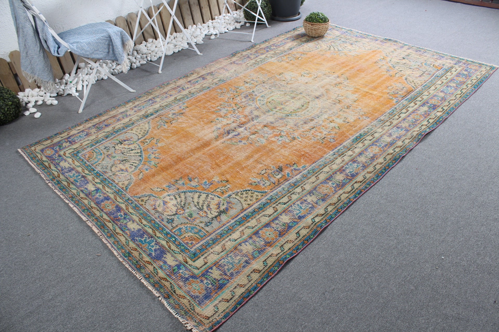 Aztek Halısı, 5.8x9.5 ft Büyük Halılar, Vintage Halı, Oushak Halıları, Fas Halısı, Oturma Odası Halısı, Salon Halısı, Turuncu Ev Dekor Halısı, Türk Halıları