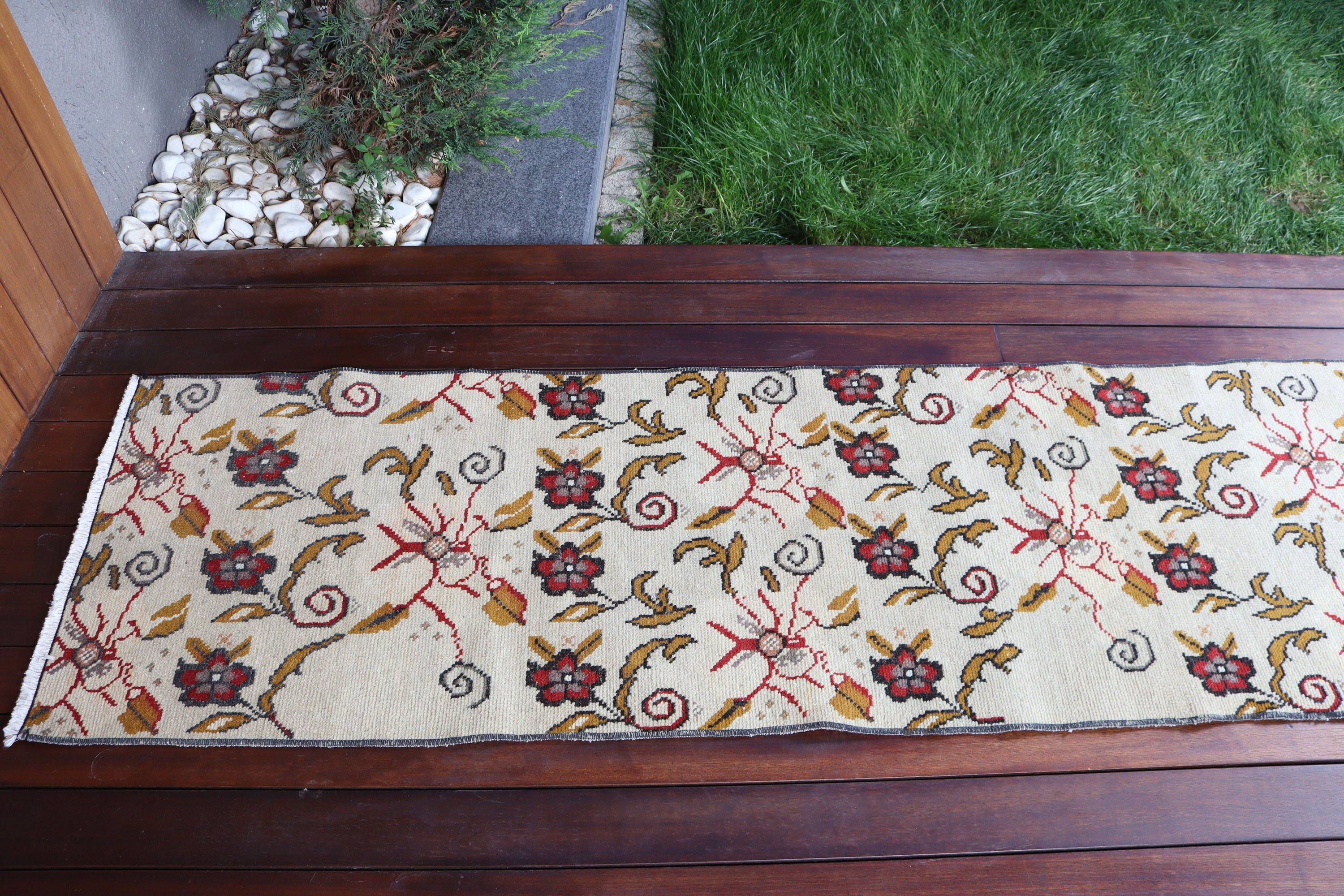 Türk Halıları, Boho Halısı, 2x8.9 ft Yolluk Halısı, Koşucu Halıları, Uzun Yolluk Halısı, Vintage Halılar, Bej Oushak Halısı, Mutfak Halısı, El Dokuma Halıları