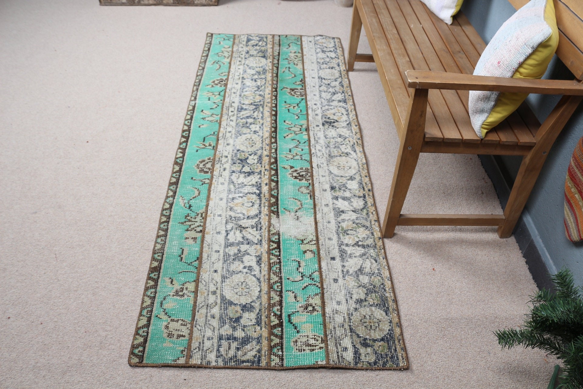 Oriental Rugs, Vintage Rug, Stair Rug, Rugs for Runner, 2.6x6.9 ft Runner Rugs, Corridor Rug, Turkish Rug, Oushak Rug, Green Antique Rug