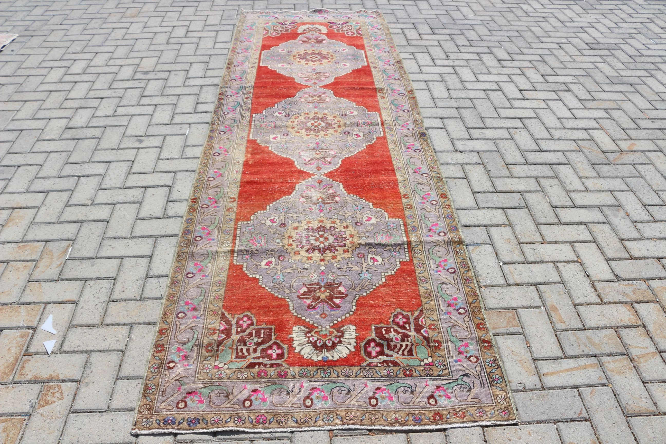 Aesthetic Rug, Turkish Rugs, Kitchen Rugs, Rugs for Corridor, 3.4x10.4 ft Runner Rug, Antique Rug, Corridor Rug, Red Wool Rugs, Vintage Rug