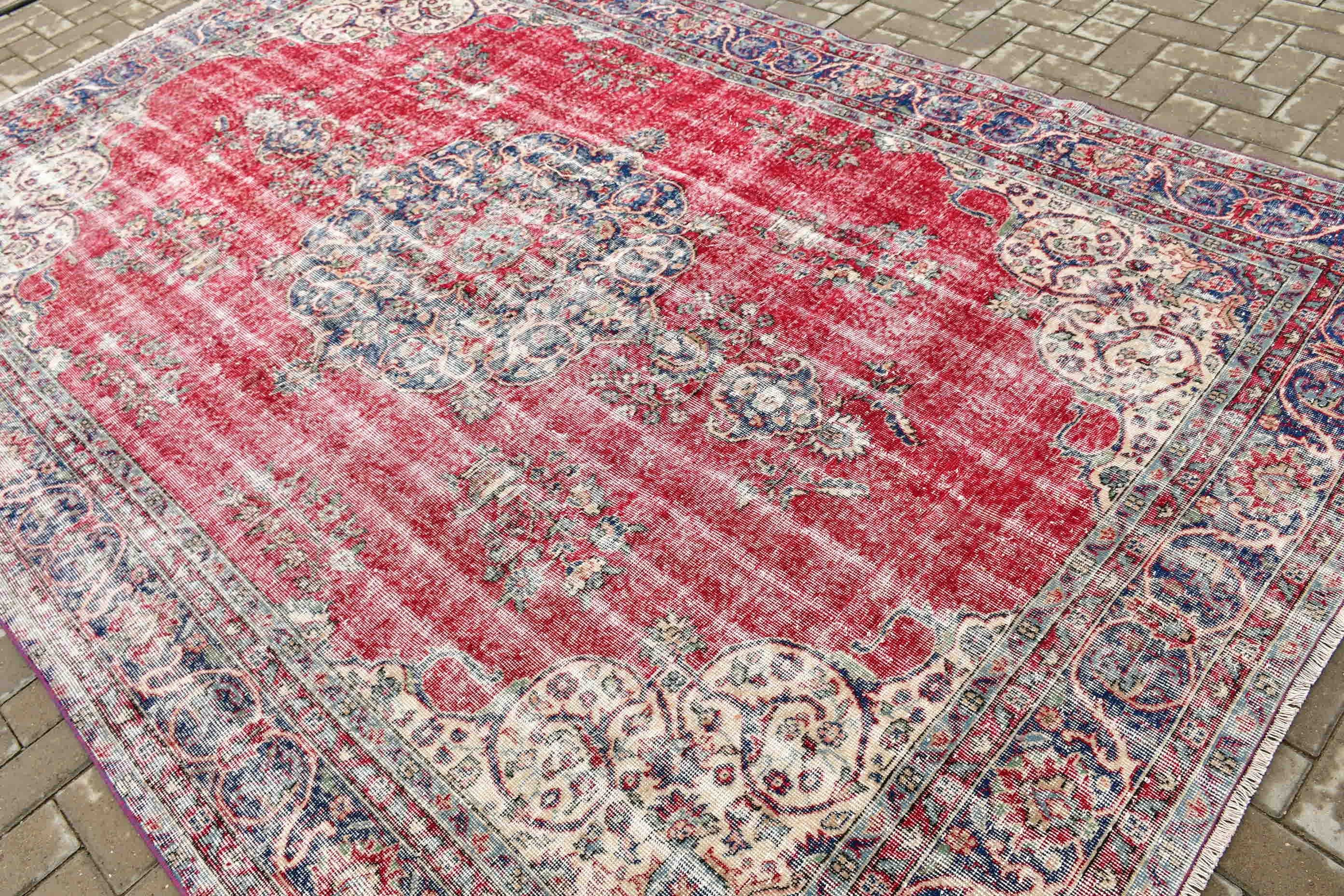 Cool Rug, Bedroom Rugs, Living Room Rug, Turkish Rug, Oriental Rug, Red Kitchen Rug, Vintage Rugs, Rugs for Salon, 7.1x9.8 ft Large Rug