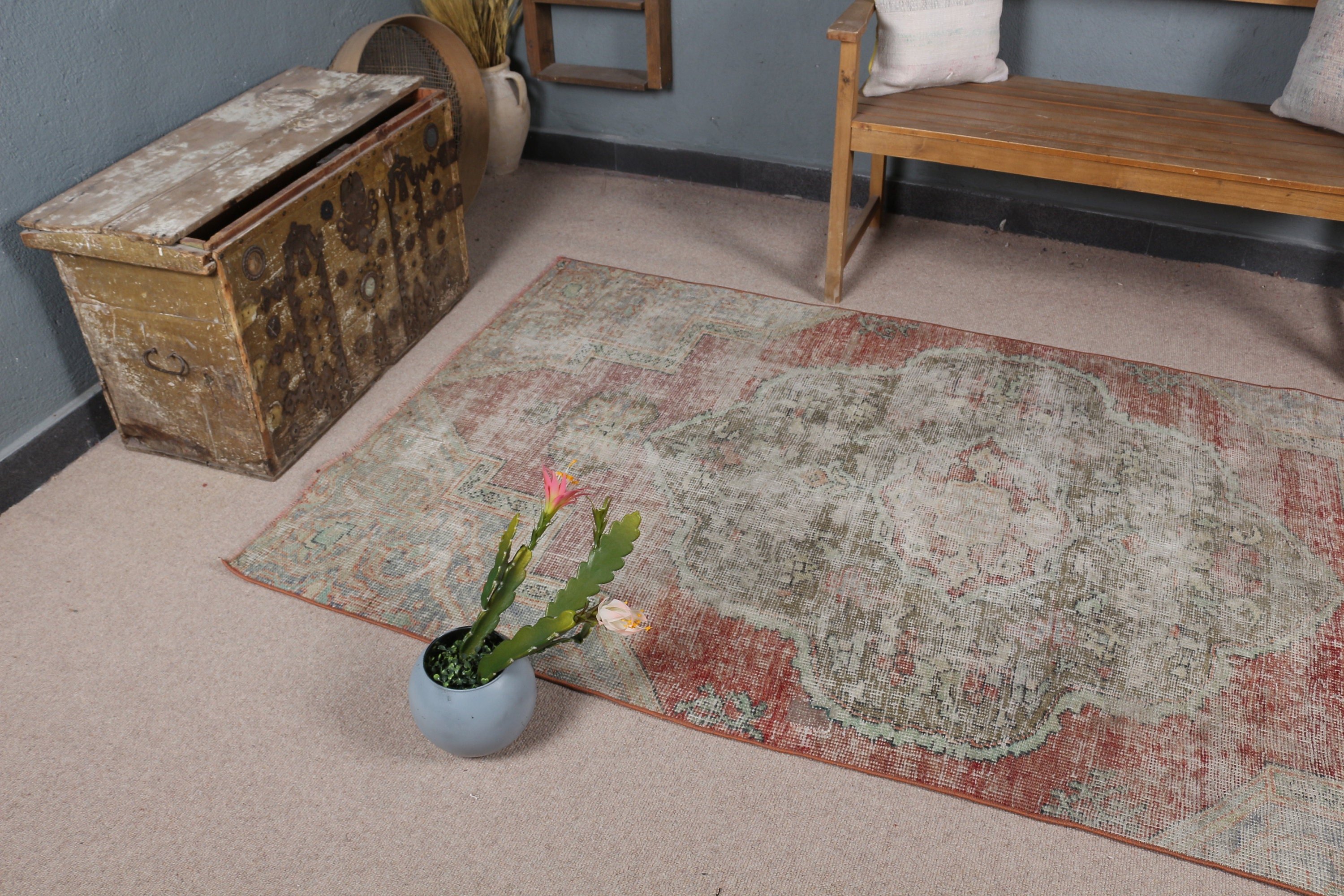 Distressed Rug, Dining Room Rug, Green Oriental Rugs, Anatolian Rugs, Floor Rug, Nursery Rugs, Vintage Rug, Turkish Rugs, 4.1x8 ft Area Rug