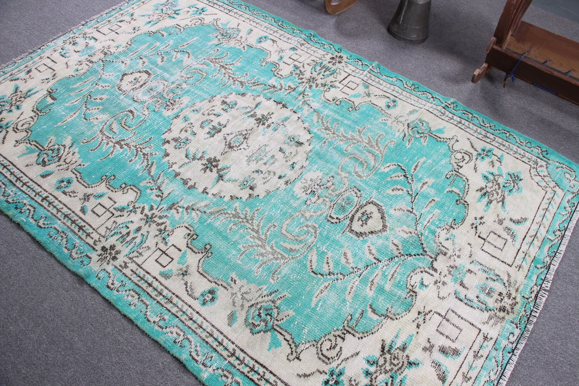 Bedroom Rugs, Retro Rug, Green Oriental Rugs, Dining Room Rug, Vintage Rug, Oushak Rug, 4.9x7.3 ft Area Rugs, Floor Rug, Turkish Rugs