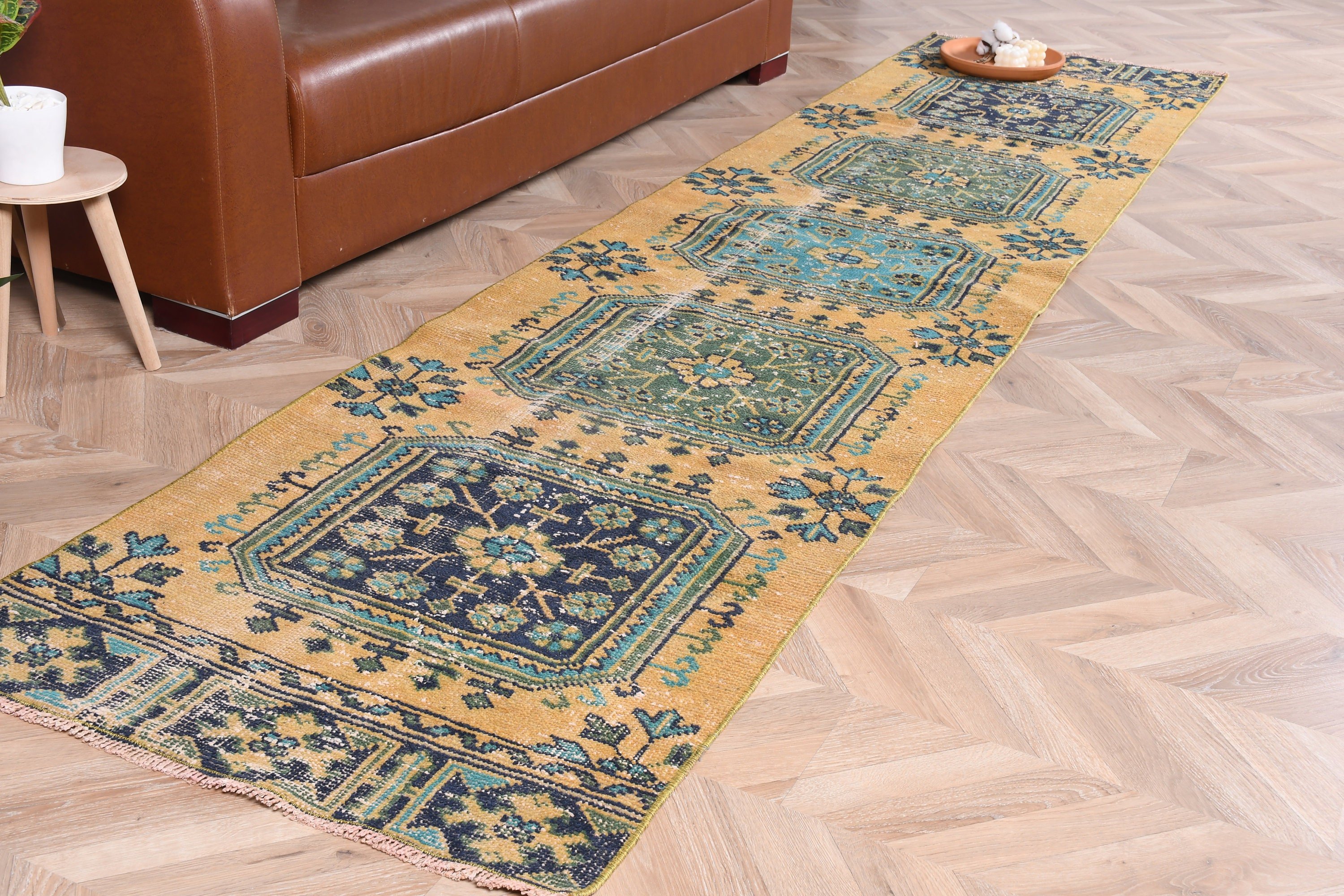 Yellow Oushak Rug, 2.5x10.9 ft Runner Rug, Kitchen Rugs, Turkish Rugs, Oriental Rug, Rugs for Kitchen, Vintage Rug, Bright Rug, Hallway Rug