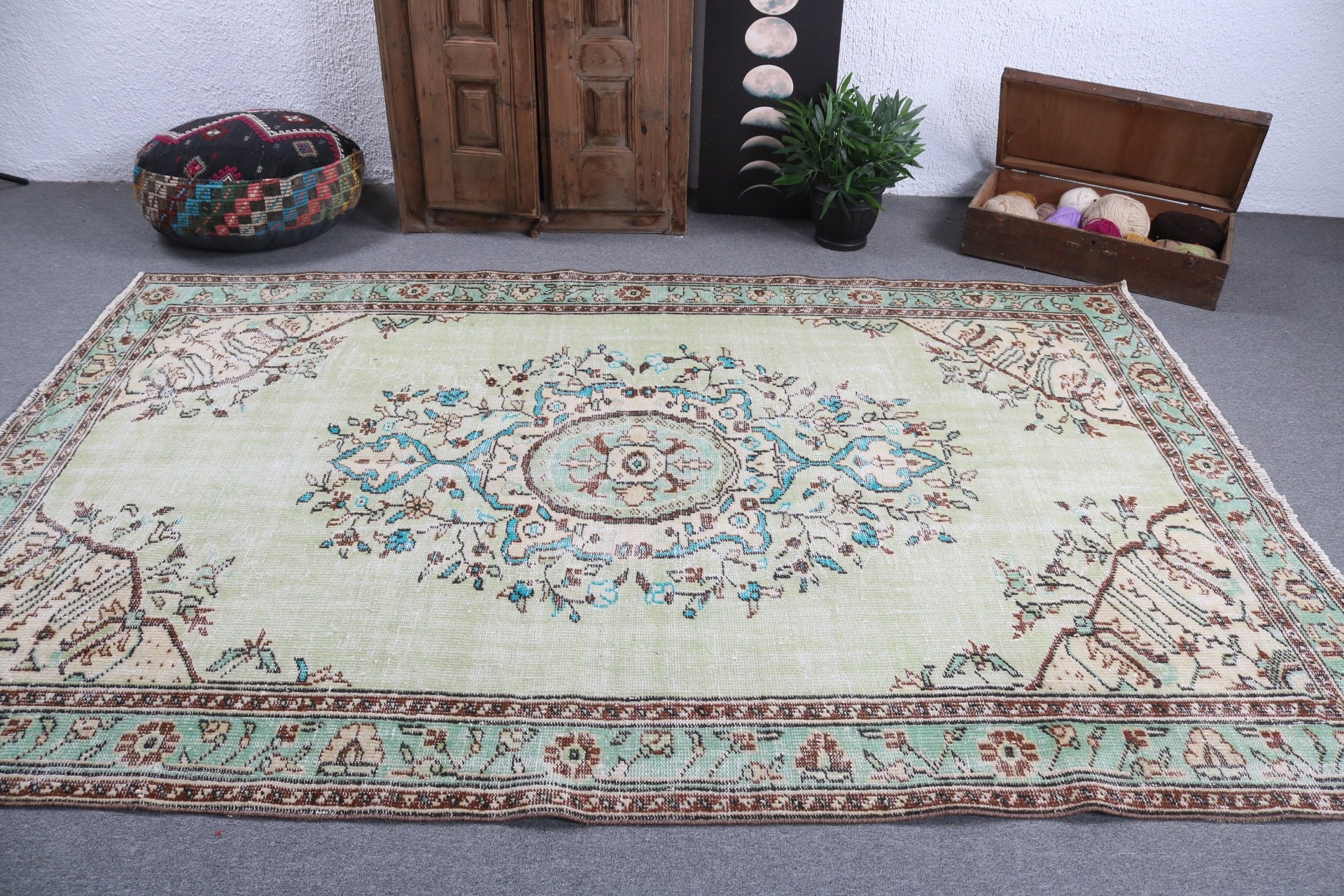 Vintage Halı, Düz Dokuma Halı, Salon Halısı, 5.9x9.1 ft Büyük Halı, Türk Halıları, Yeşil Ev Dekor Halıları, Oushak Halıları, Yer Halıları, Oturma Odası Halıları