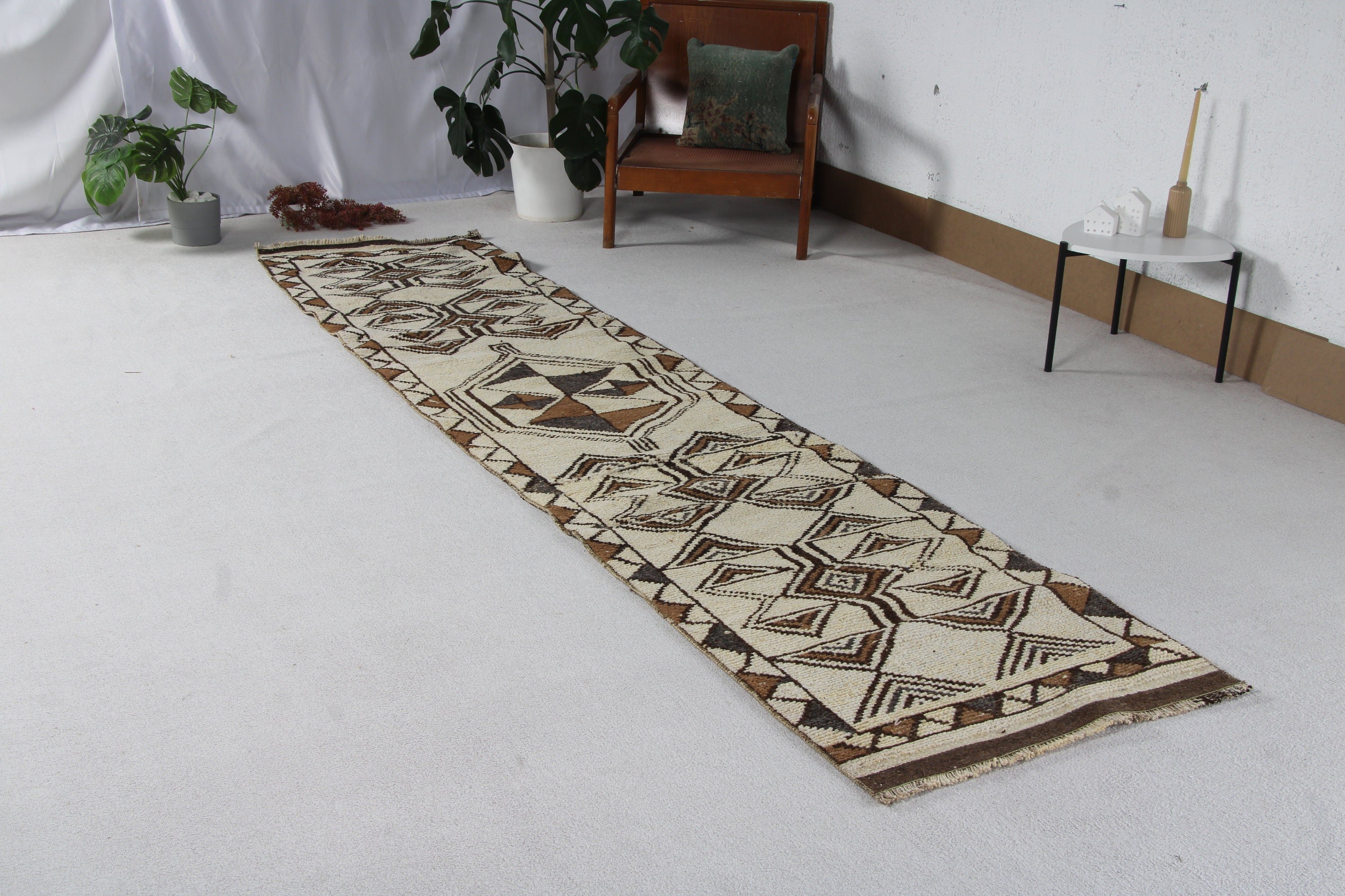 Turkish Rug, Brown Modern Rugs, Wool Rugs, Vintage Runner Rugs, Vintage Rugs, 2.6x11.2 ft Runner Rug, Kitchen Rug, Rugs for Long Runner