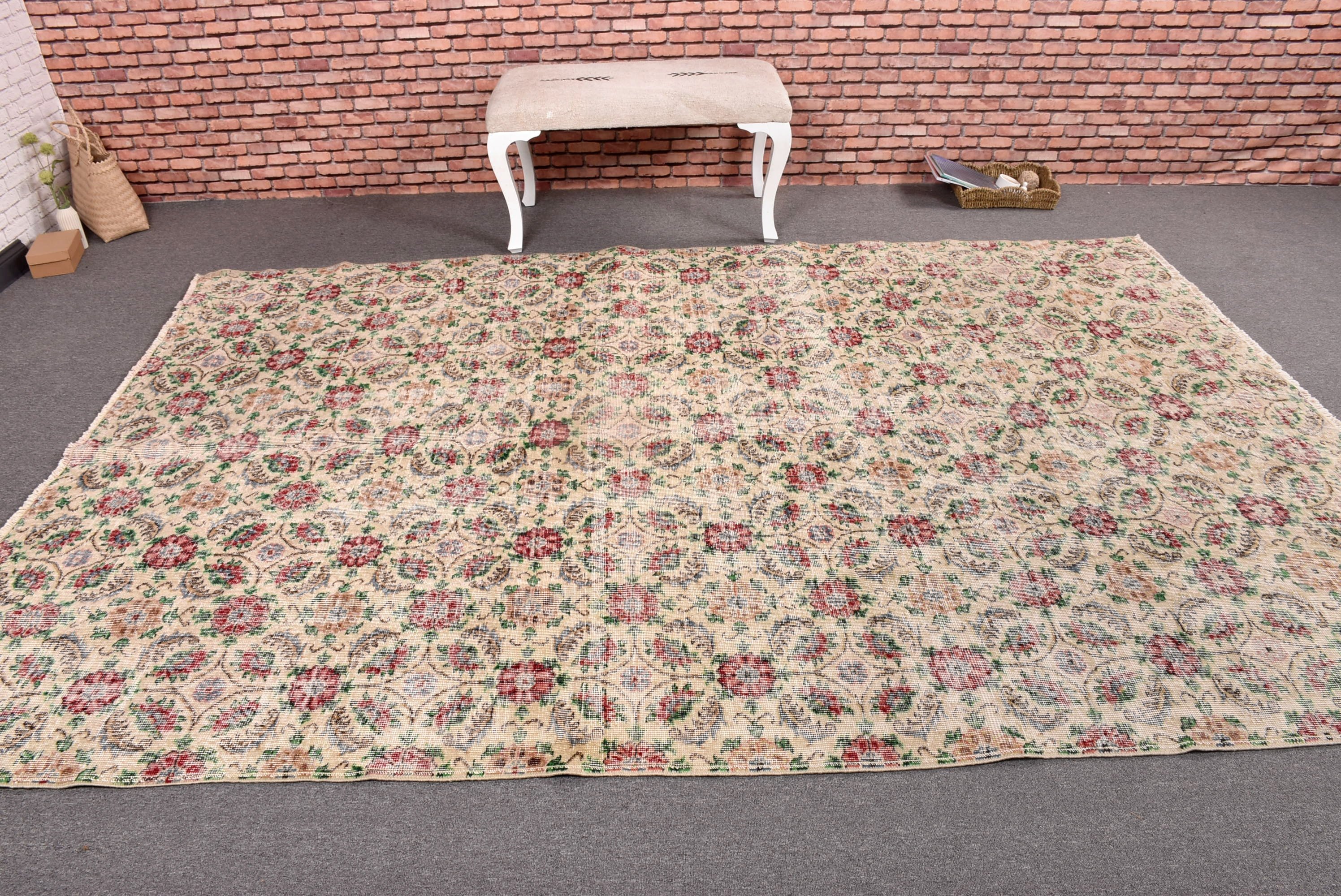 Anatolian Rugs, Vintage Rug, Oriental Rug, Beige Wool Rugs, Bedroom Rug, 6.8x9.8 ft Large Rug, Floor Rug, Turkish Rug, Dining Room Rugs