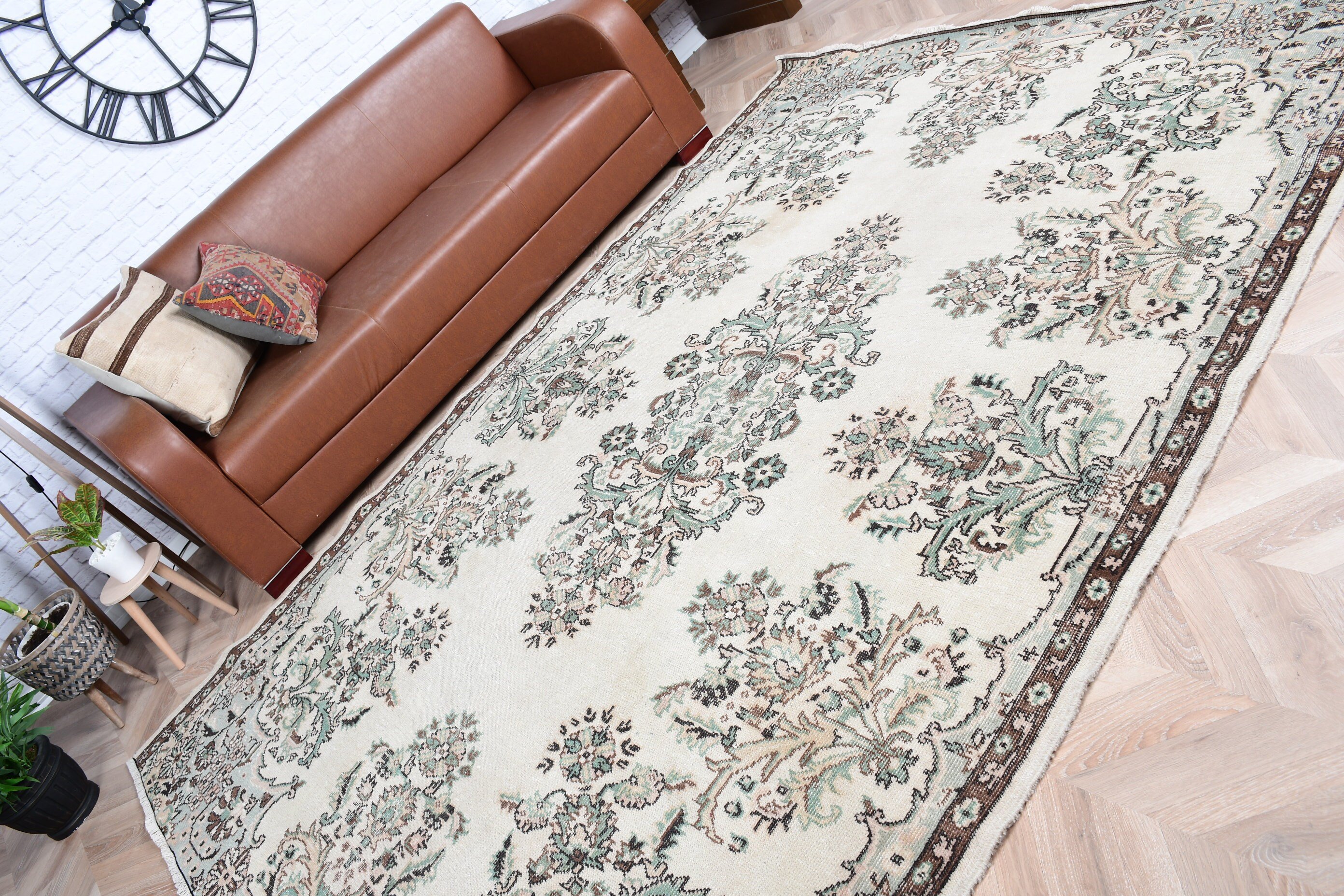 Living Room Rug, Vintage Rug, Muted Rug, Dining Room Rugs, Turkish Rug, 6.8x9.6 ft Large Rug, Beige Oushak Rug, Wool Rug