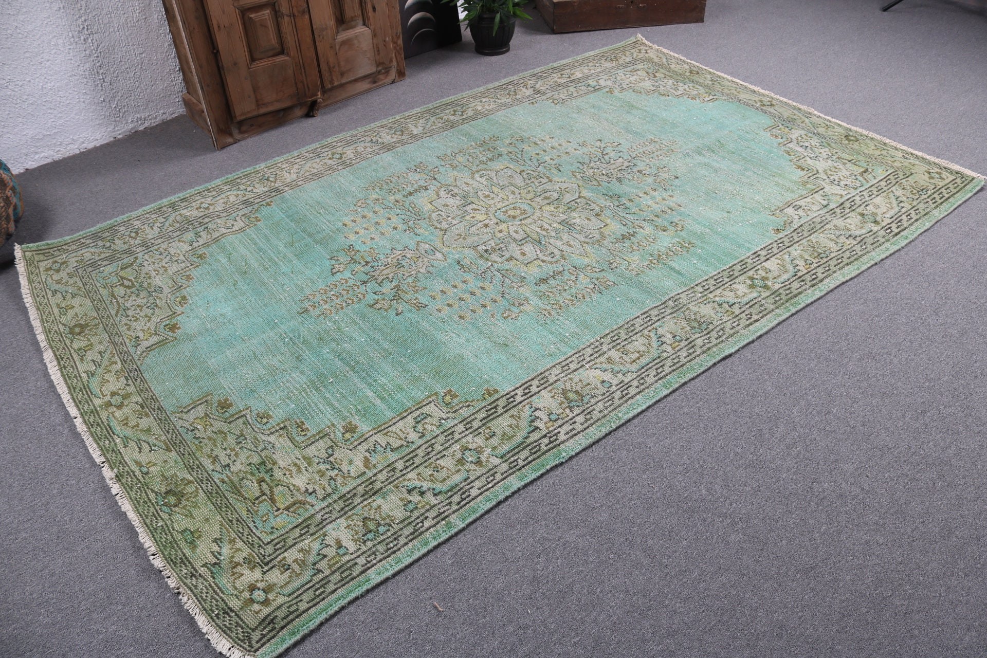 Dış Mekan Halıları, Boho Halıları, Türk Halısı, Yeşil Boho Halısı, Salon Halısı, Büyük Oushak Halıları, Vintage Halılar, 5,5x8,7 ft Büyük Halılar