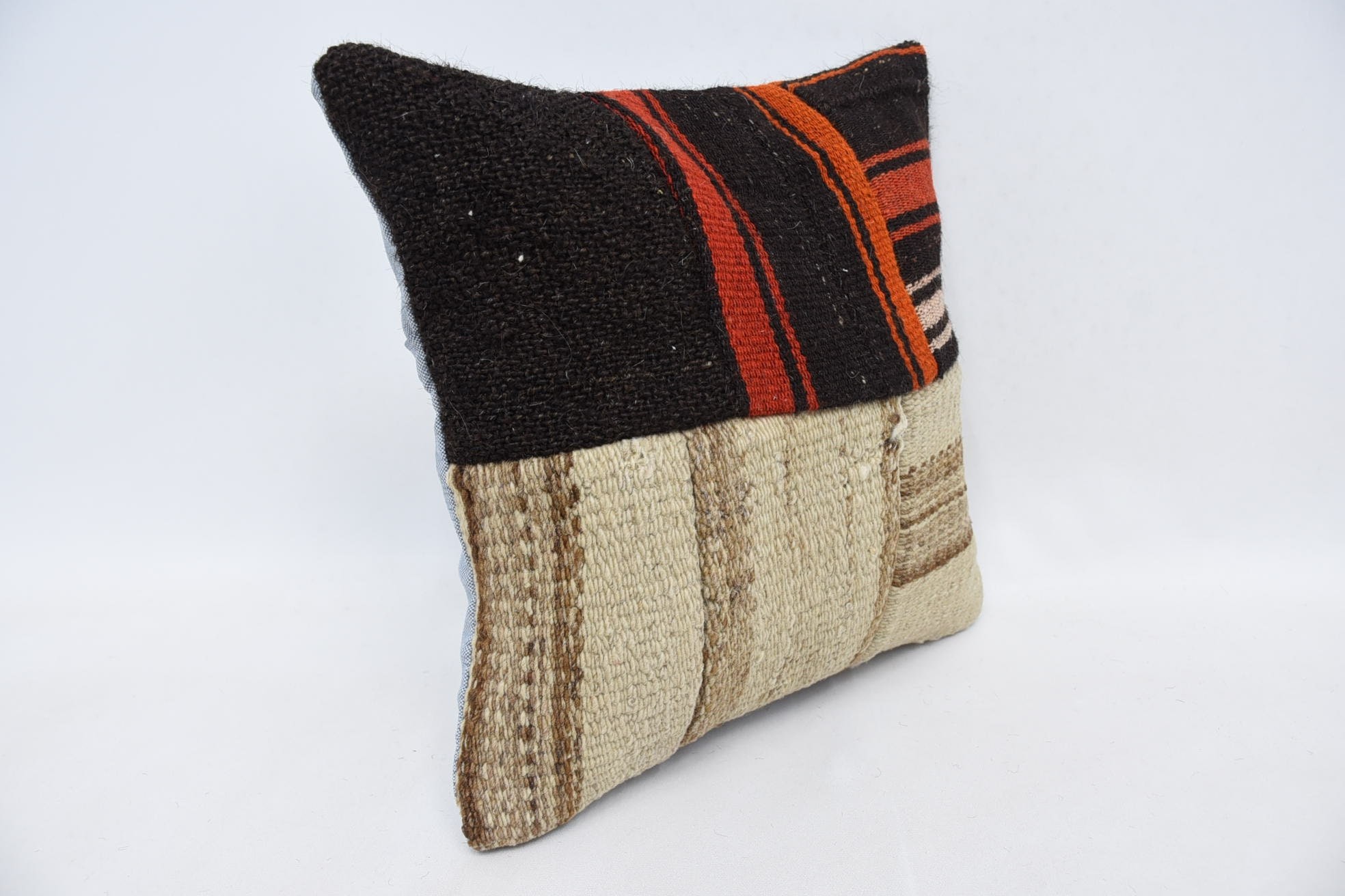 Turkish Pillow, Living Room Throw Pillow Case, Indoor Pillow Case, Kilim Cushion Sham, 14"x14" Brown Cushion, Handmade Kilim Cushion