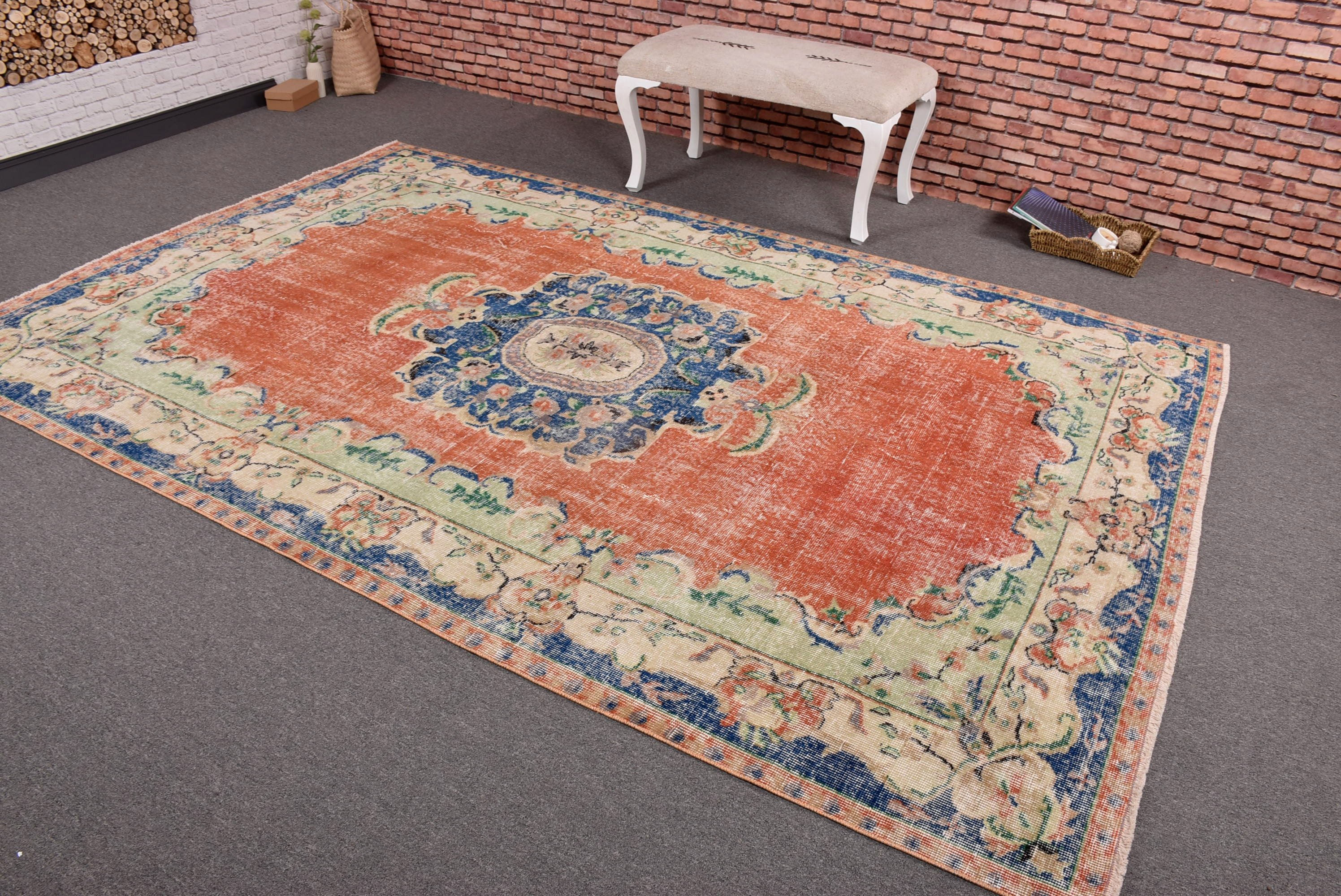 Orange Wool Rug, Large Vintage Rugs, Turkish Rug, Home Decor Rugs, 6.3x9.9 ft Large Rugs, Antique Rug, Boho Rugs, Vintage Rug, Bedroom Rugs