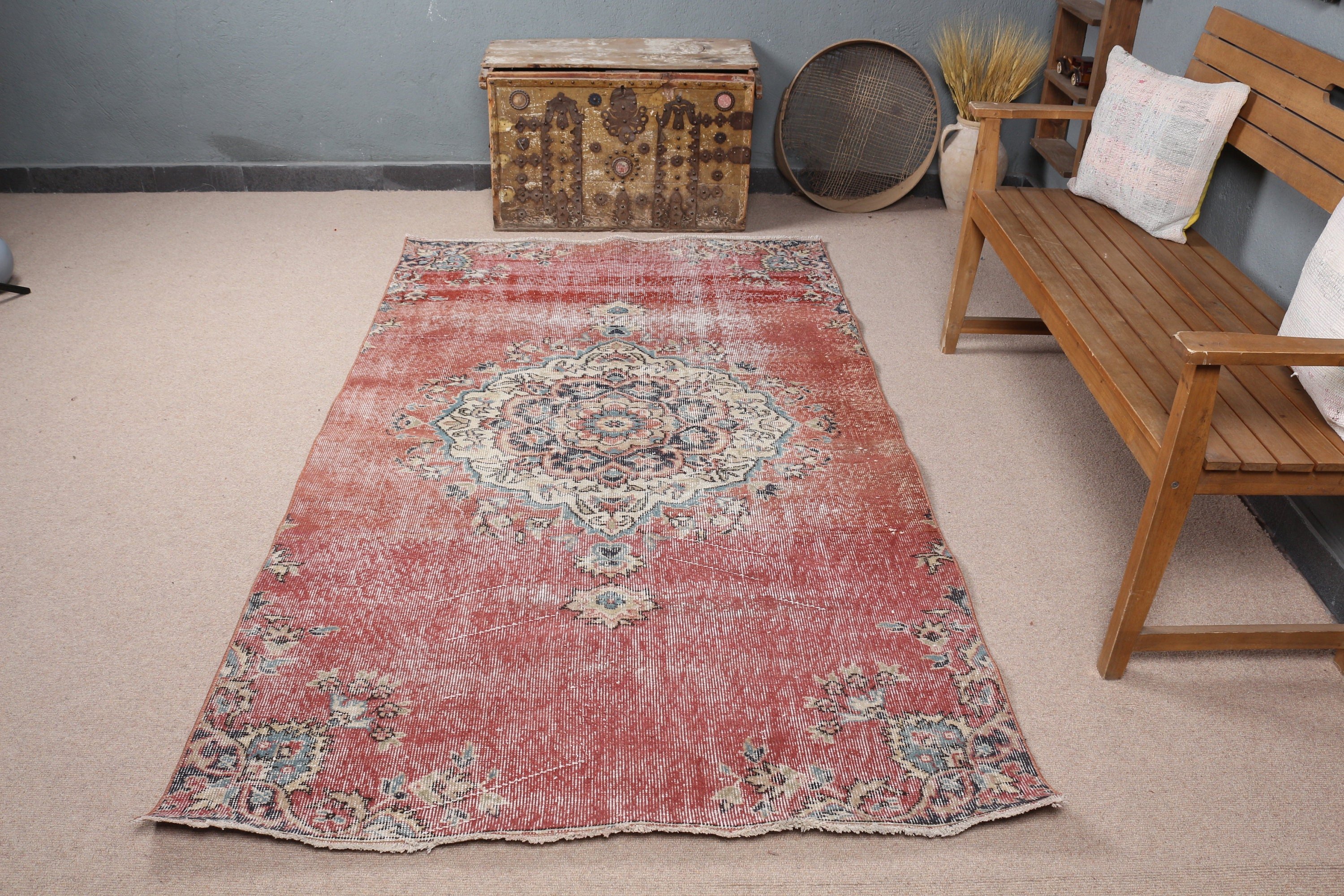 Pale Rug, 4.3x7.4 ft Area Rug, Turkish Rug, Red Oriental Rug, Floor Rug, Vintage Rugs, Anatolian Rugs, Rugs for Living Room, Home Decor Rug