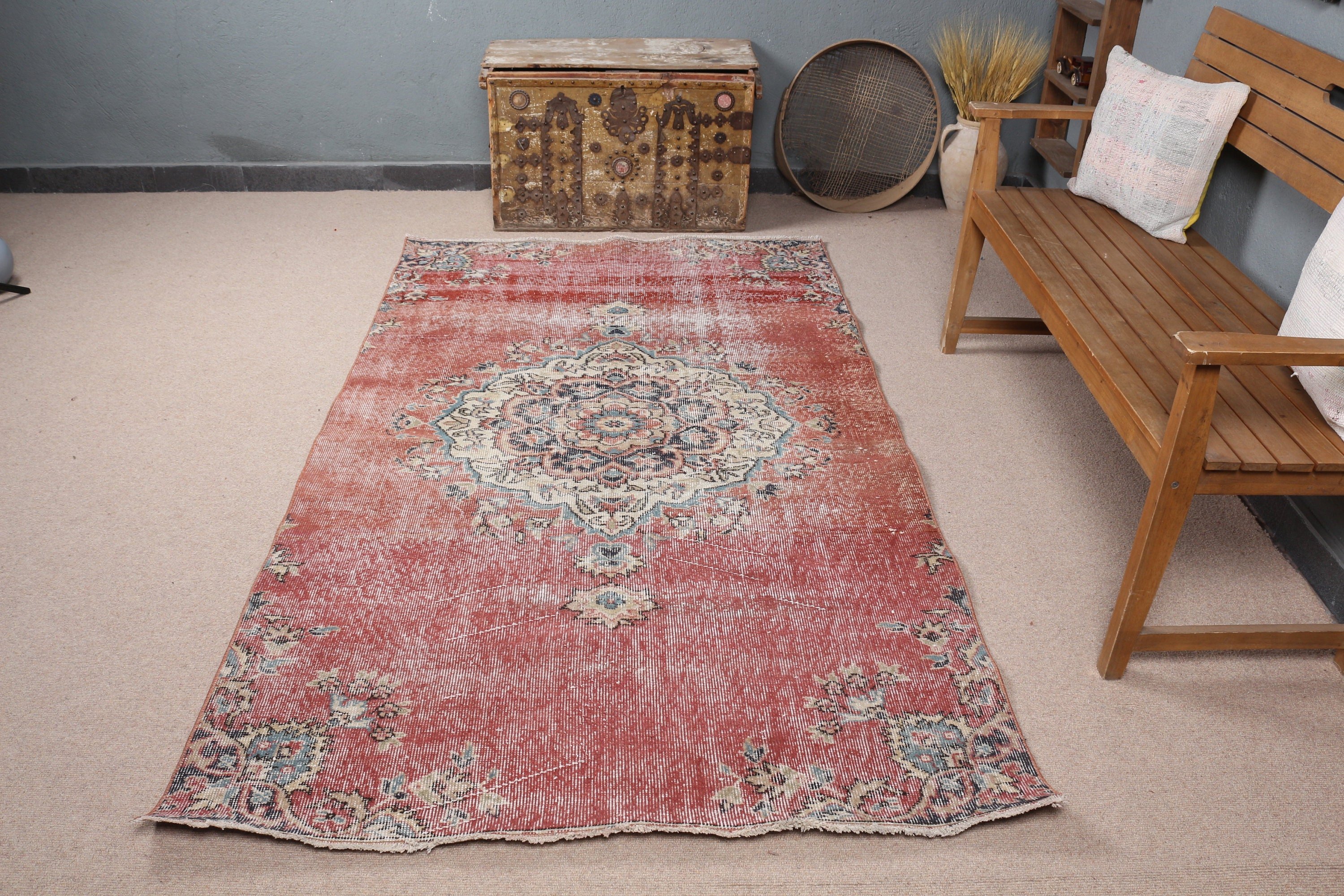 Soluk Halı, 4.3x7.4 ft Alan Halısı, Türk Halısı, Kırmızı Şark Halısı, Yer Halısı, Vintage Halılar, Anadolu Halıları, Oturma Odası Halıları, Ev Dekorasyonu Halısı