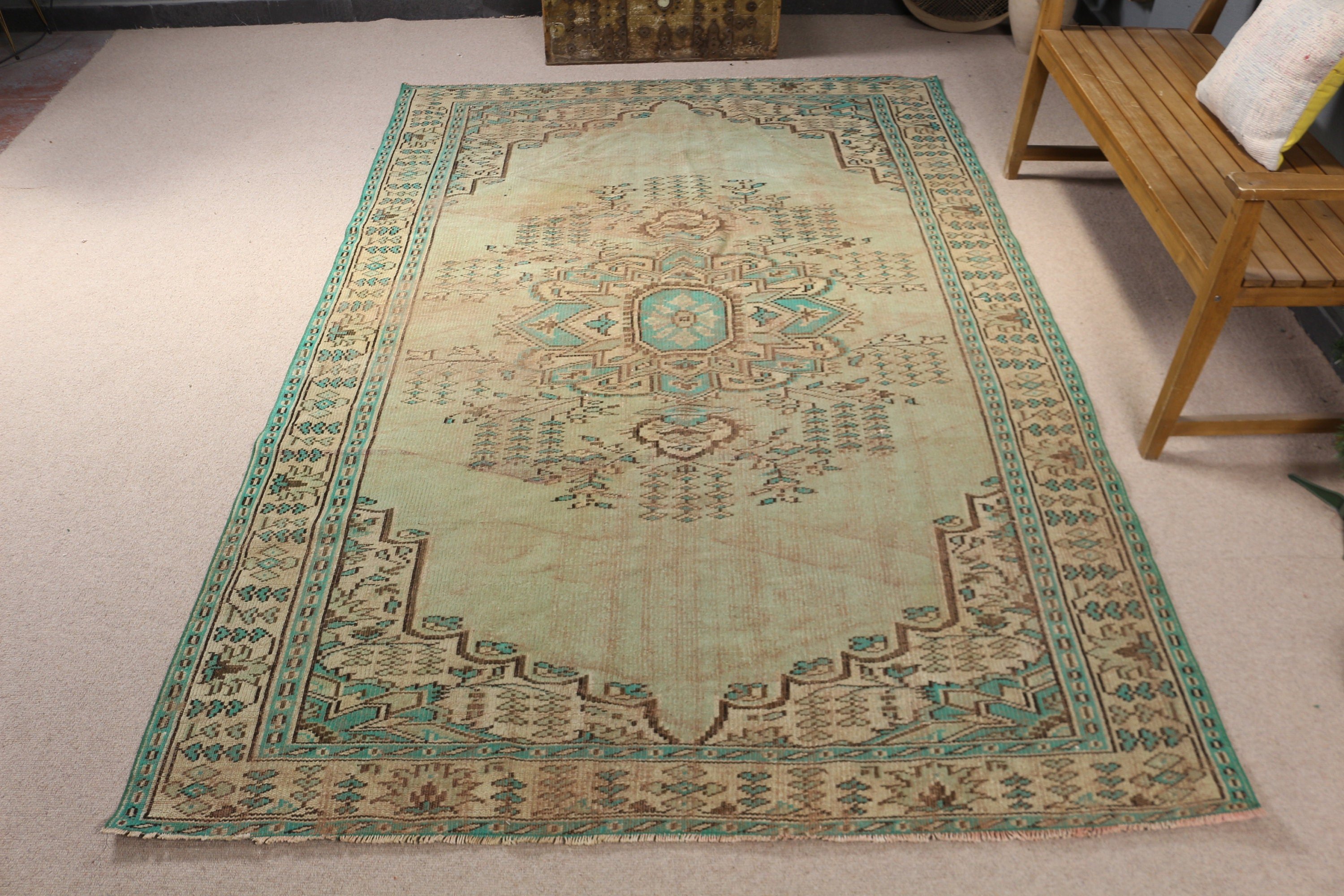 5.9x8.9 ft Büyük Halı, Türk Halısı, Vintage Halı, Yatak Odası Halıları, El Dokuma Halı, Boho Halı, Büyük Oushak Halı, Düz Dokuma Halı, Yeşil Geometrik Halı