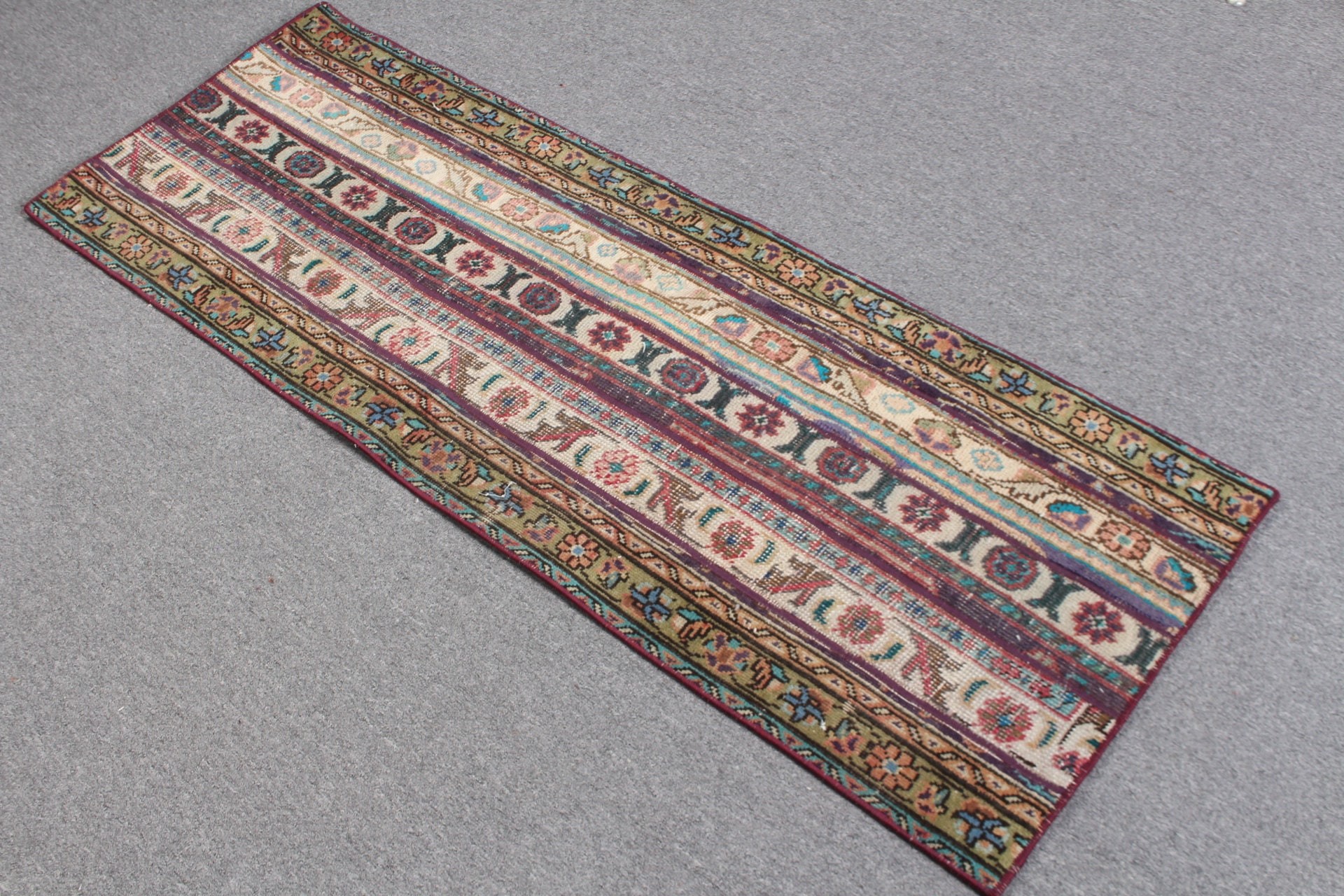 Yeşil Oryantal Halılar, Banyo Halıları, 1.8x4.9 ft Küçük Halı, Boho Halıları, Duvara Asılı Halılar, Yün Halı, Vintage Halı, Türk Halıları