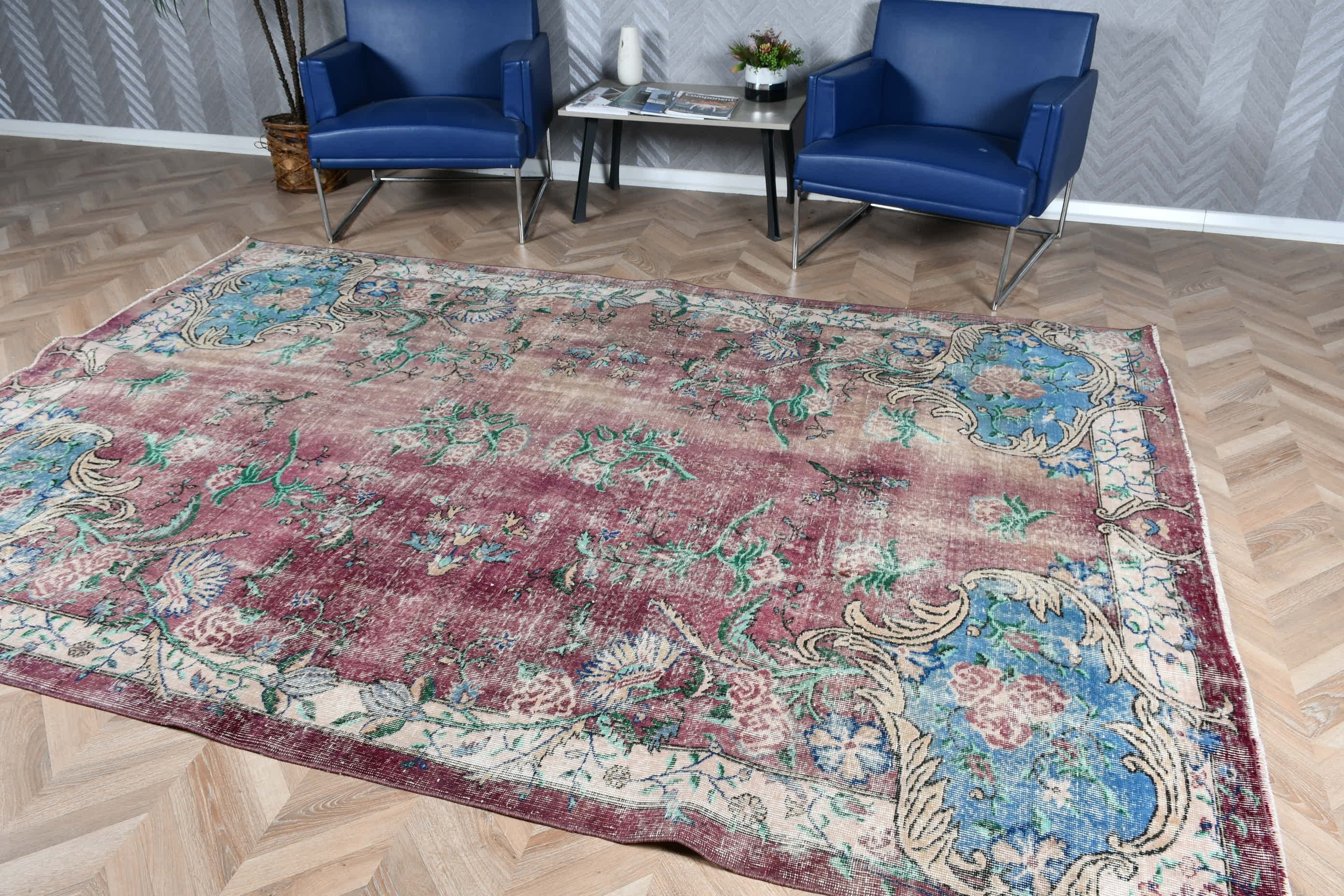 Vintage Halı, 6.7x9.7 ft Büyük Halılar, Salon Halısı, Yatak Odası Halıları, Oushak Halısı, Türk Halısı, Yün Halıları, Mor Yer Halıları, Yemek Odası Halısı