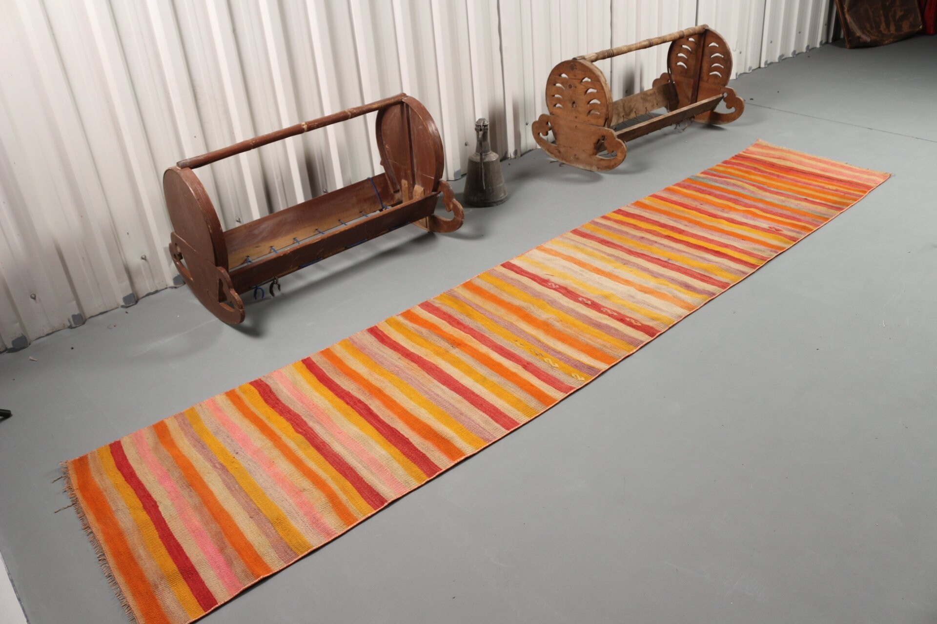 Kilim, Türk Halıları, Vintage Halılar, Mutfak Halısı, Yer Halıları, Turuncu Soğuk Halı, Koridor Halıları, 2,2x11,1 ft Yolluk Halıları