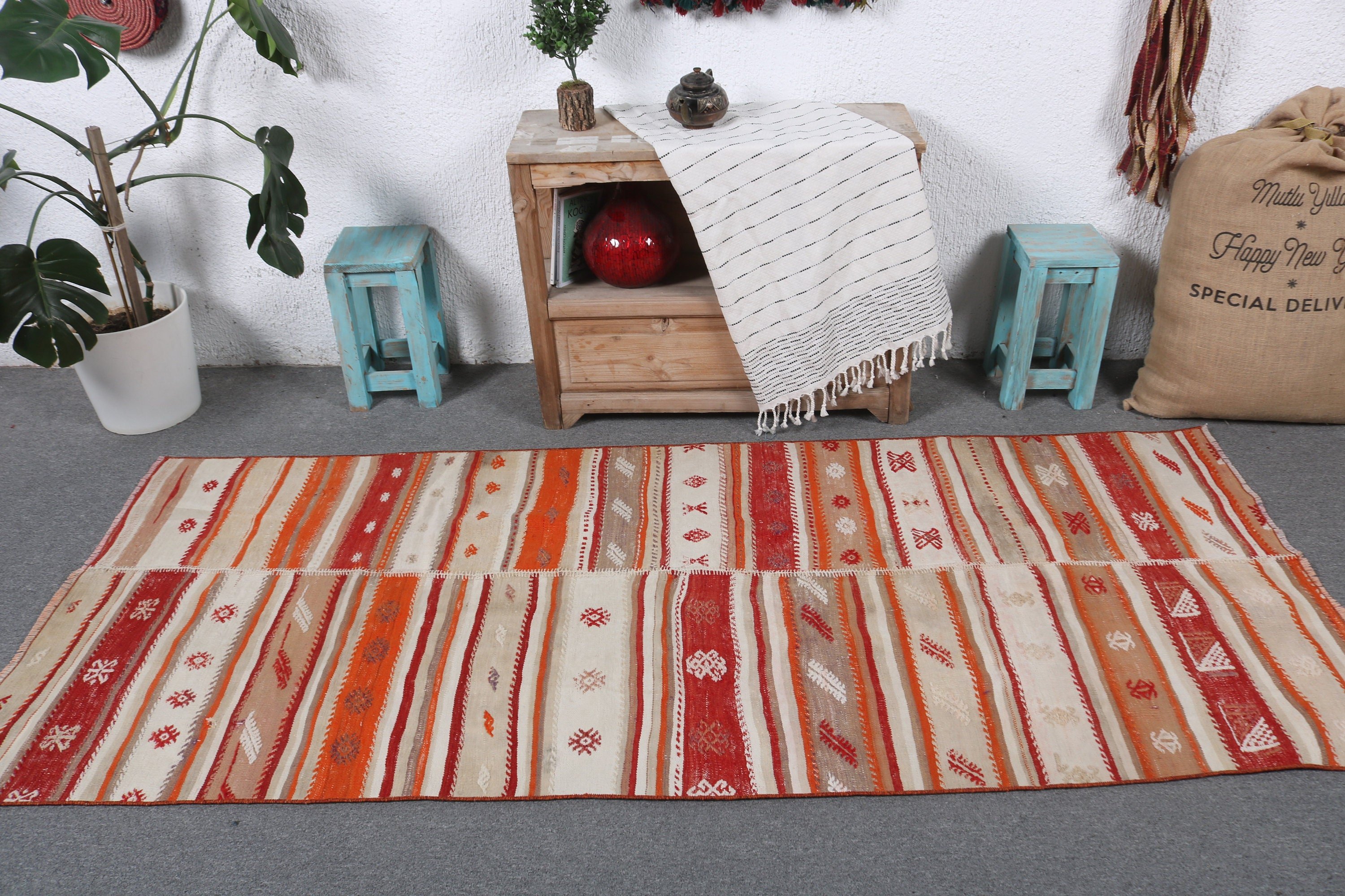 Accent Halıları, 3.1x7.5 ft Accent Halıları, Yer Halıları, Kilim, Boho Halıları, Türk Halısı, Vintage Halılar, Turuncu Yatak Odası Halıları, Dekoratif Halılar